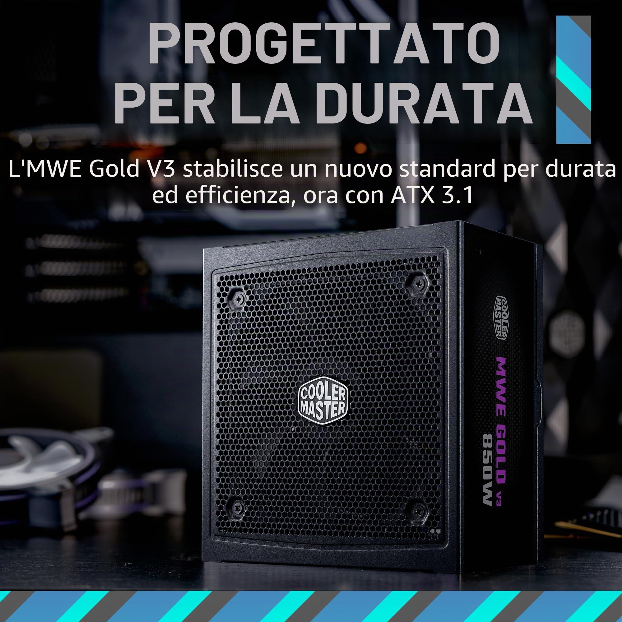 Cooler Master Titolo MWE Gold 850 V3 ATX 3.0 Fonte modulare completa, 850W, 80+ efficienza dorata, 90 gradi 12V-2x6|600W PCIe 5.0, condensatori giapponesi, modalità zero RPM, copertura ventilatore