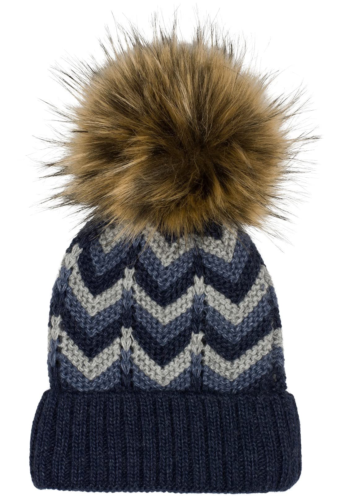 Stylebreaker Women's Darkblue-Lightgrey Knitted Pom Pom Hat With Zig-Zag Pattern And Fleece Lining, Winter Fur Pom Pom Hat, Knitted Hat 04024188, Colour: