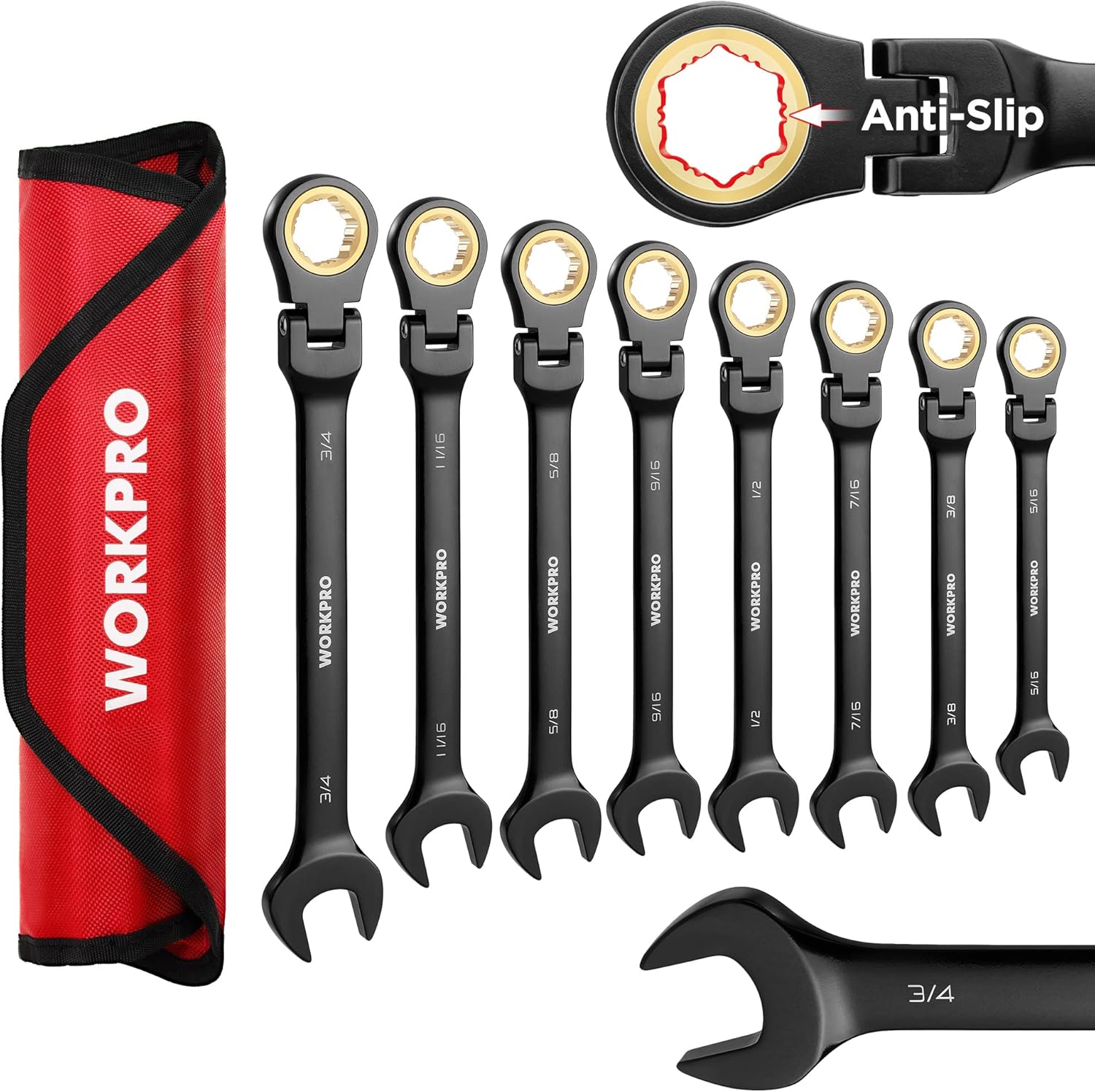 WORKPRO Ratcheting Combination Wrench Set, 8piece FlexHead AntiSlip