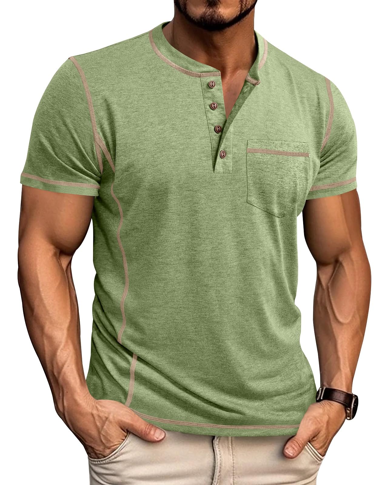 LAOARA T-Shirts Herren Henley Shirt Kurzarm V Ausschnitt Sommer Sport mit Tasche Knopfleiste Slim Fit Hemd M-3XL