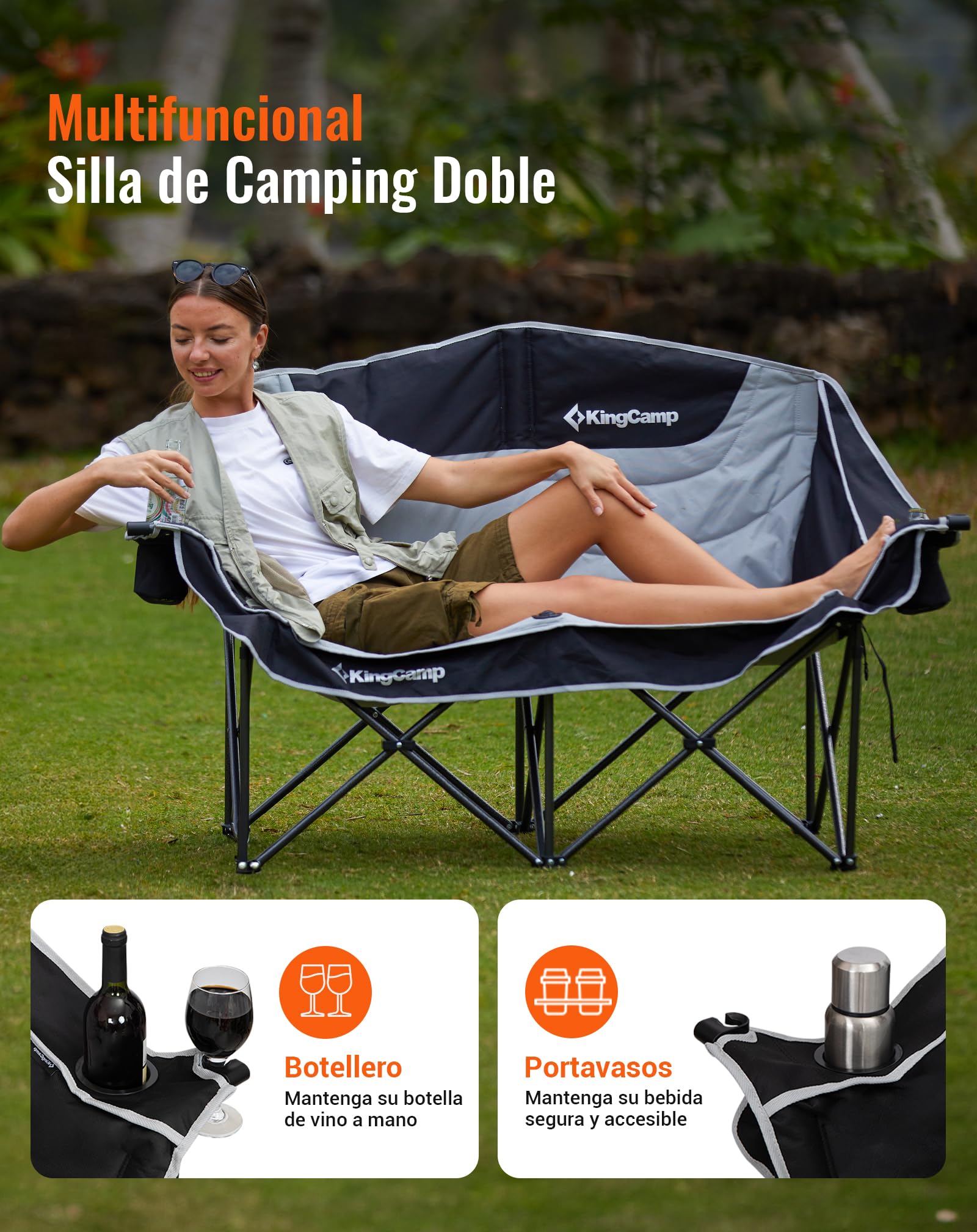 KingCamp Silla de Camping Plegable para 2 Personas, Carga MAX 300 kg, Sofá Portátil de 2 Plazas para Adultos con Reposabrazos, Acolchado Silla Plegable para Camping Jardín Picnic Balcón, Negro/Gris