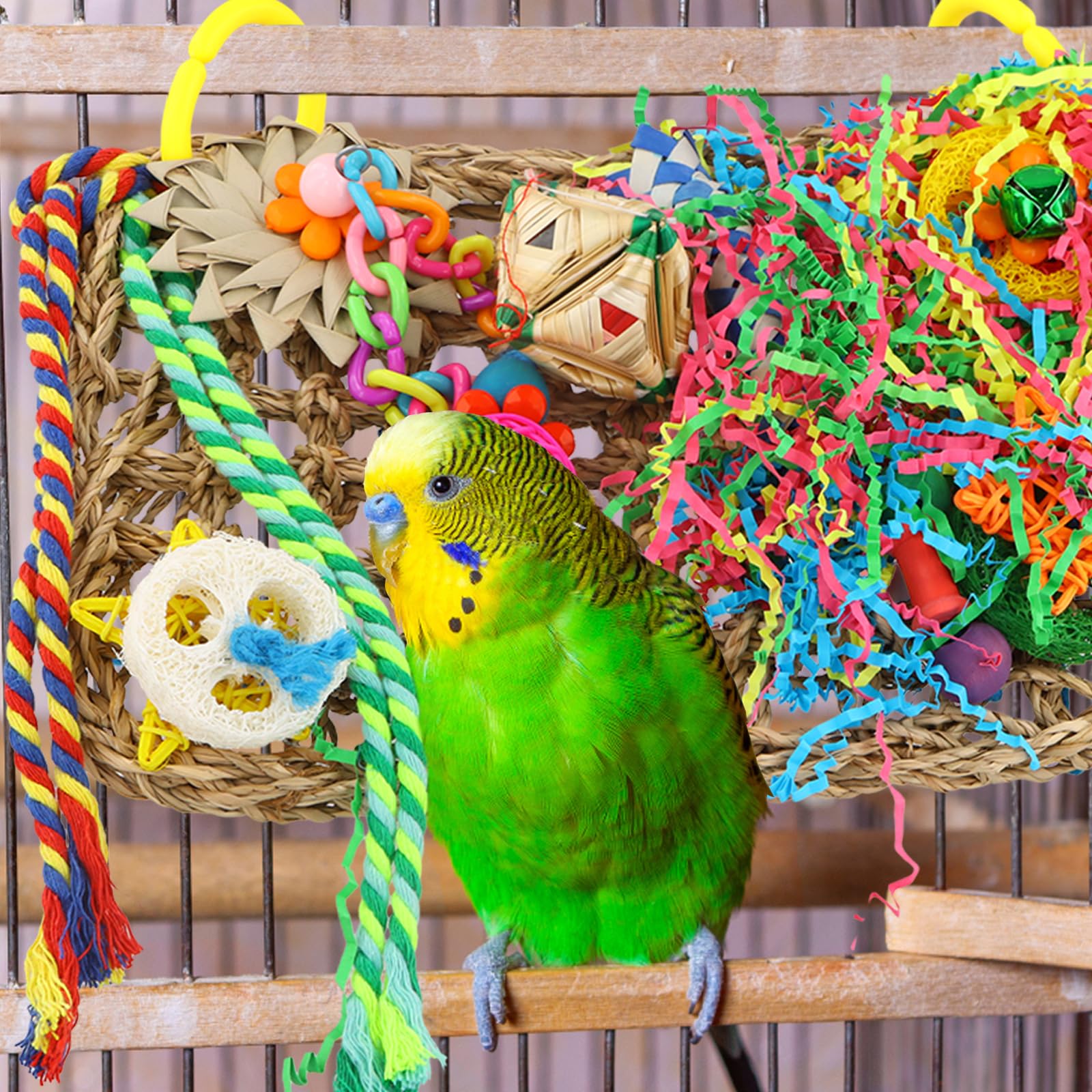 Duronge Bird Toys Bird Foraging Toys Cockatiel Toys Hanging Bird Toys Bird Seagrass Foraging Wall with Colorful Toys for Birds Cage Toy accessories for Parakeet Parrot Cockatiel Conure Lovebird - Image 4