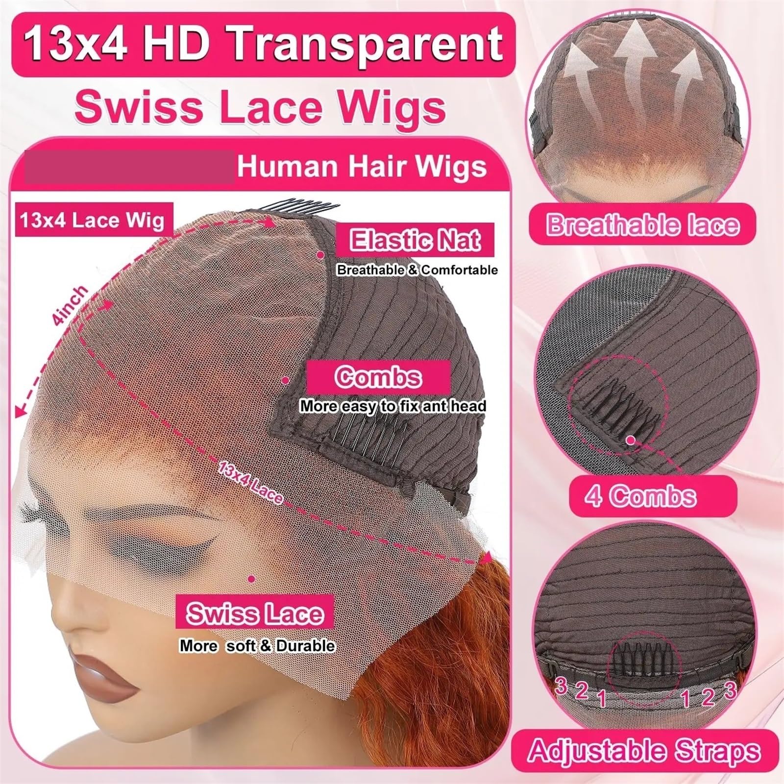 Uso quotidiano delle feste Parrucche di capelli umani ricci 250 densità zenzero onda profonda(32inches)