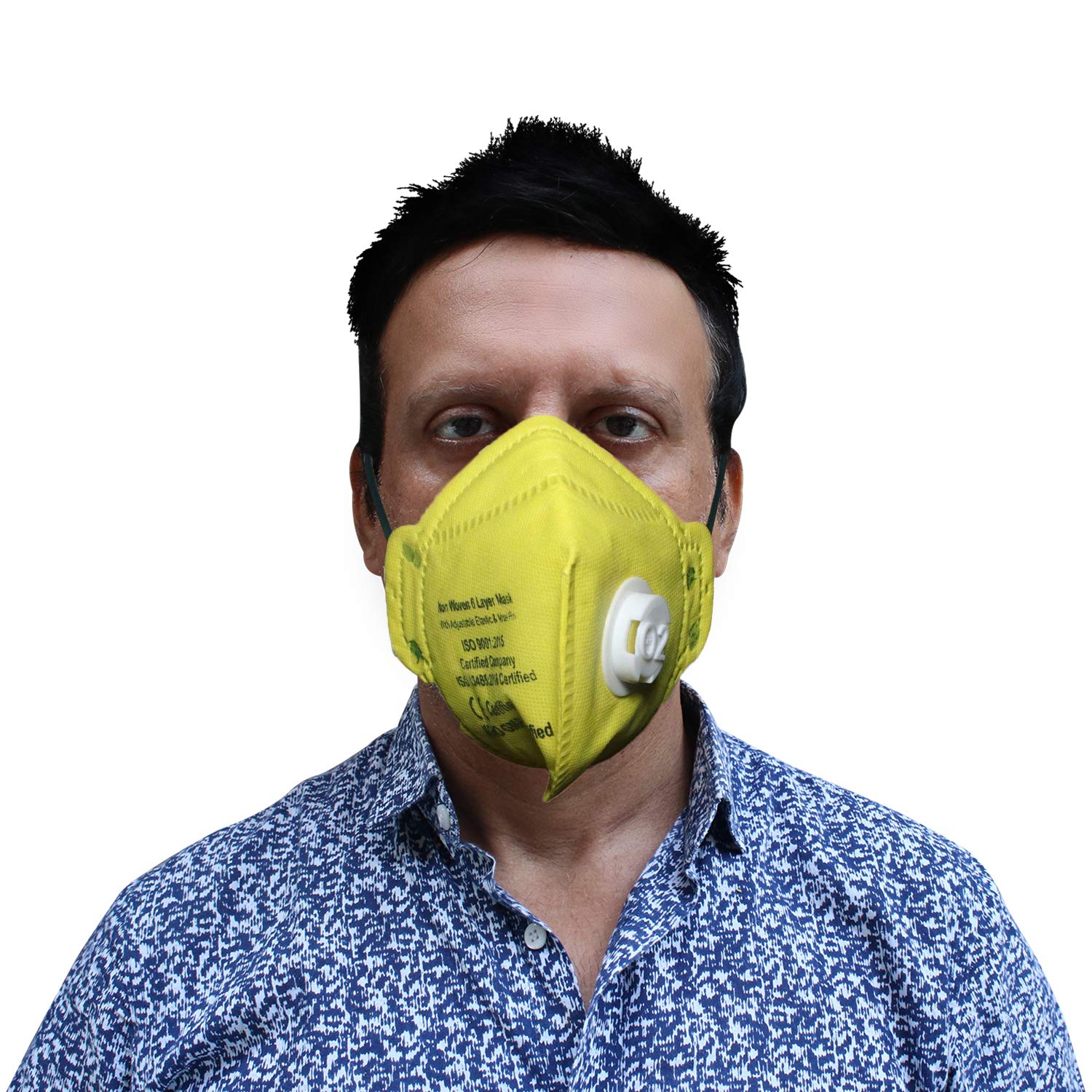 Zureni O2 OR6LM12 6 Layer Face Mask with Filter Valve Nose Mouth Respirator for Men & Women (Yellow, 5 PCS)