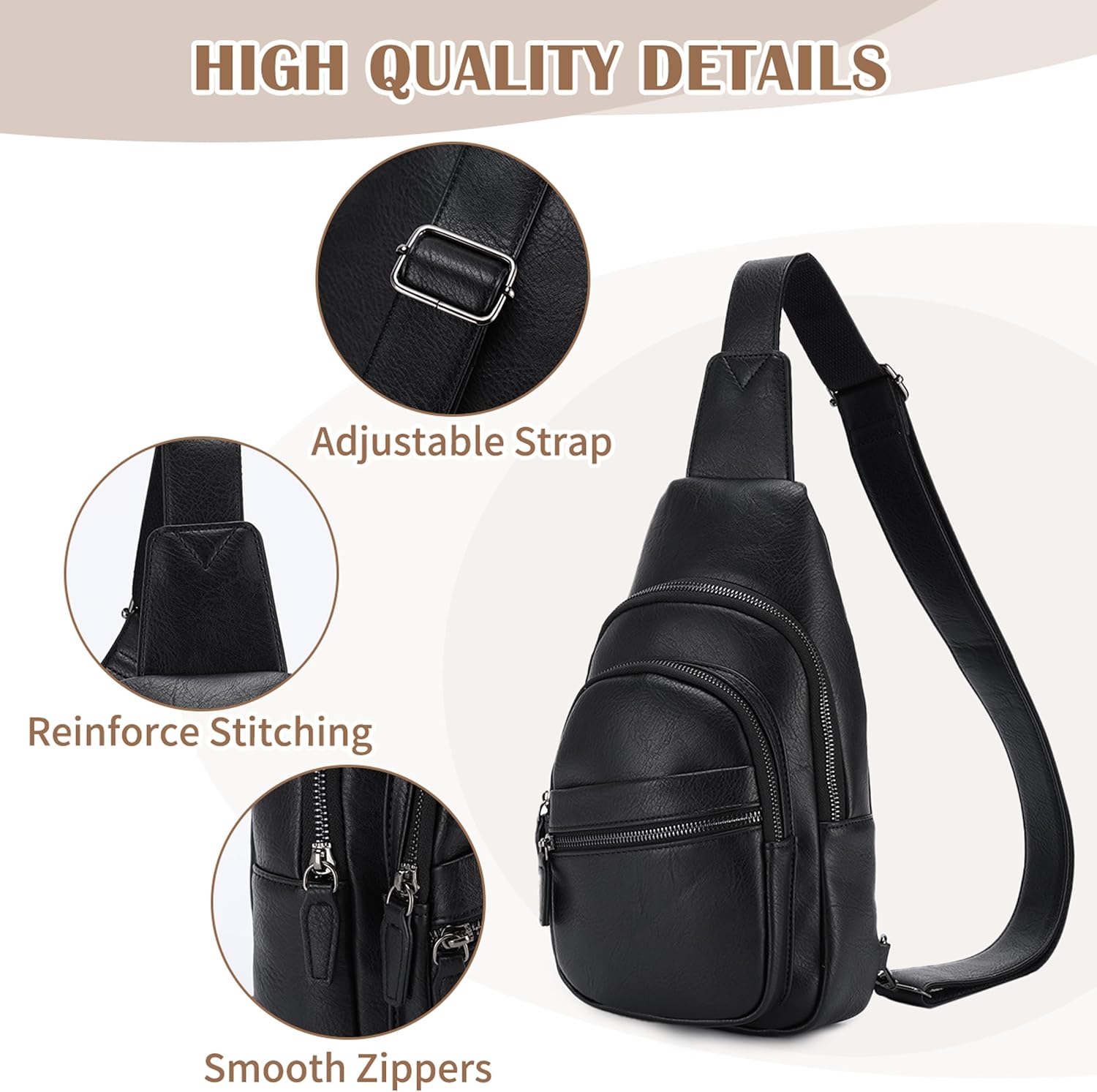 RAVUO Sling Bag, PU Leather Crossbody Backpack for Women Men Casual Hiking Daypack Multipurpose Chest Bag for Work College Black - Image 7