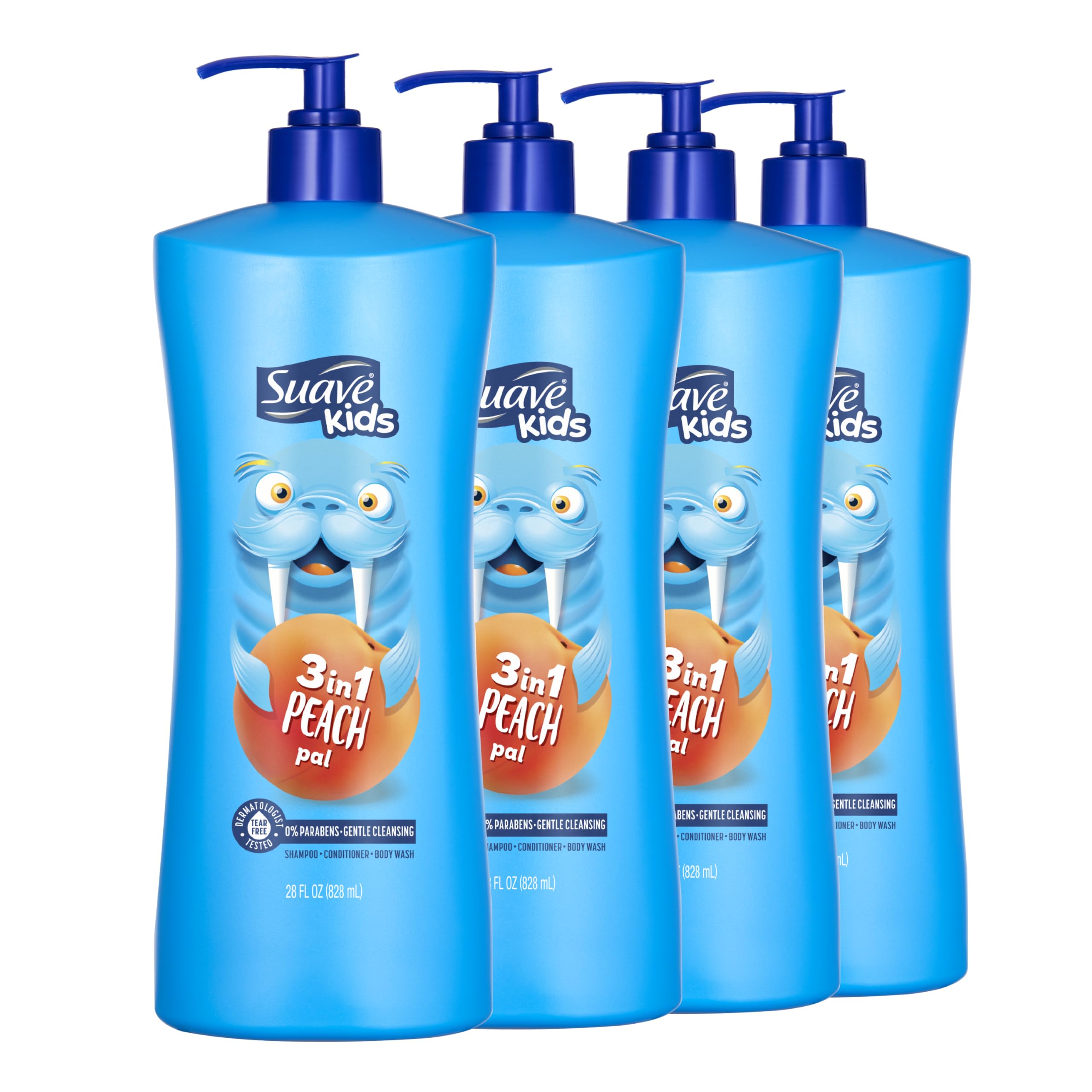 Suave Kids 3-in-1 Tear Free, Body Wash, Shampoo and Conditioners, Dermartologist Tested, Peach Pal, 28 Oz Pack of 4 Old Packaging