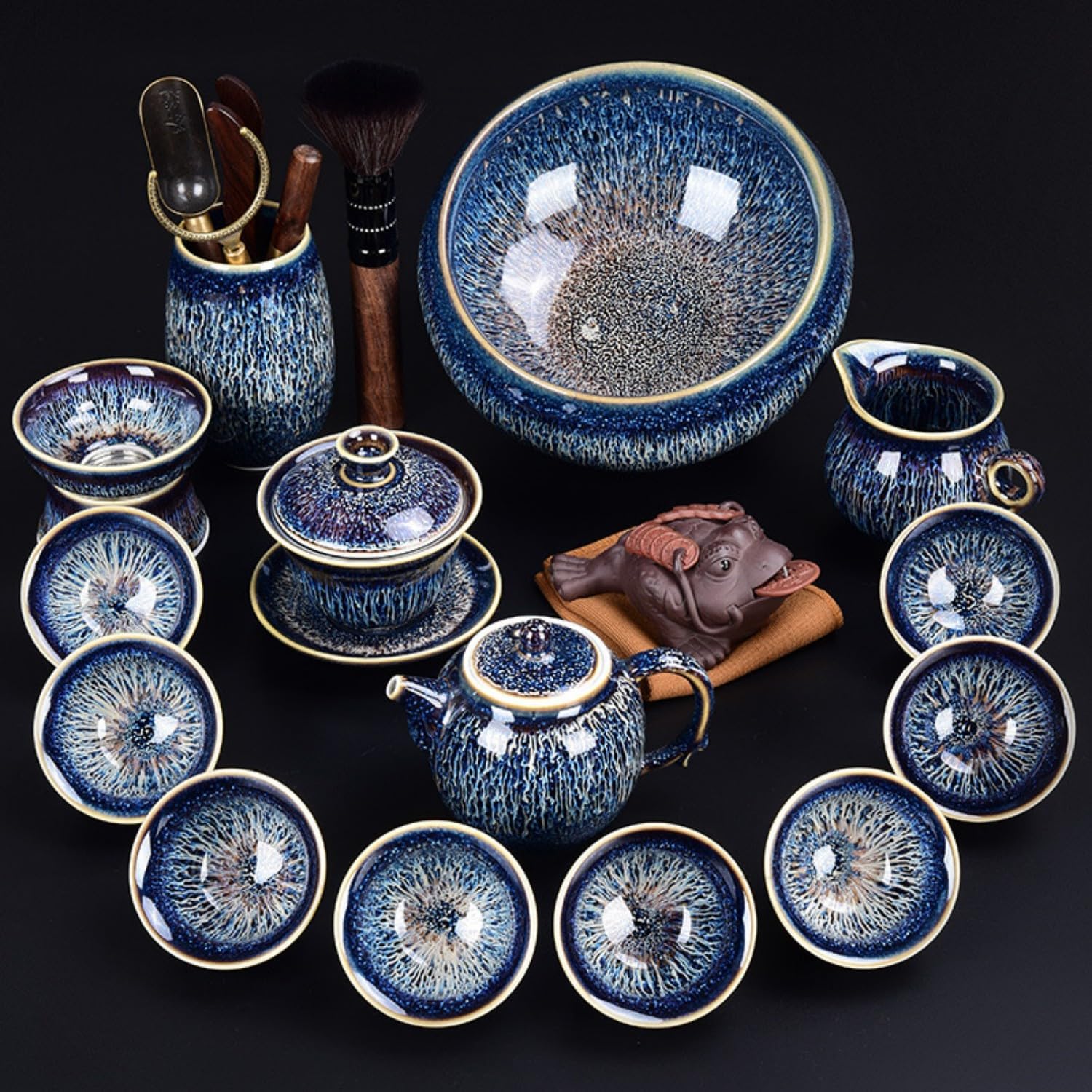 天目釉建盏功夫茶具套装 家用手工建盏自 Ceramic Kung Fu Tea Set,teapot,Teacups,warming Wedding Birthday Gift,Tea Tray Chinese,Dishwasher Safe 其它-蓝天目盏13头-禅定+茶道茶宠+茶洗