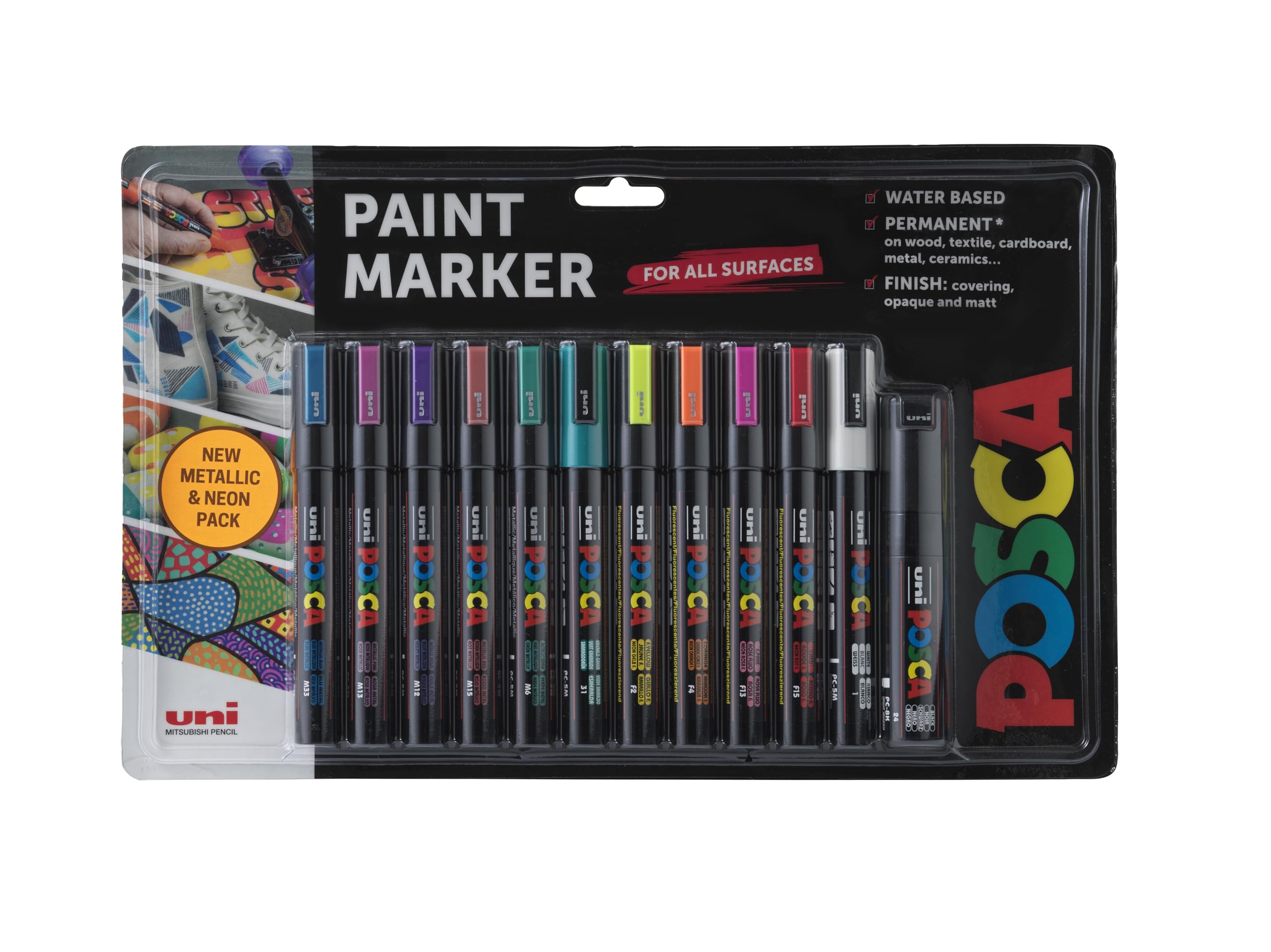 POSCA Pens PC-5M Acrylic Felt Tip Metallic and Neon Permanent Paint Markers for Adults and Kids. Perfect for Colouring, Fabric, Graffiti, Watercolour, Outline Drawing, Window and Glass Art. 12 Pack 12 PC-5M Medium Tip + PC-7M Metallic/Neon Colours