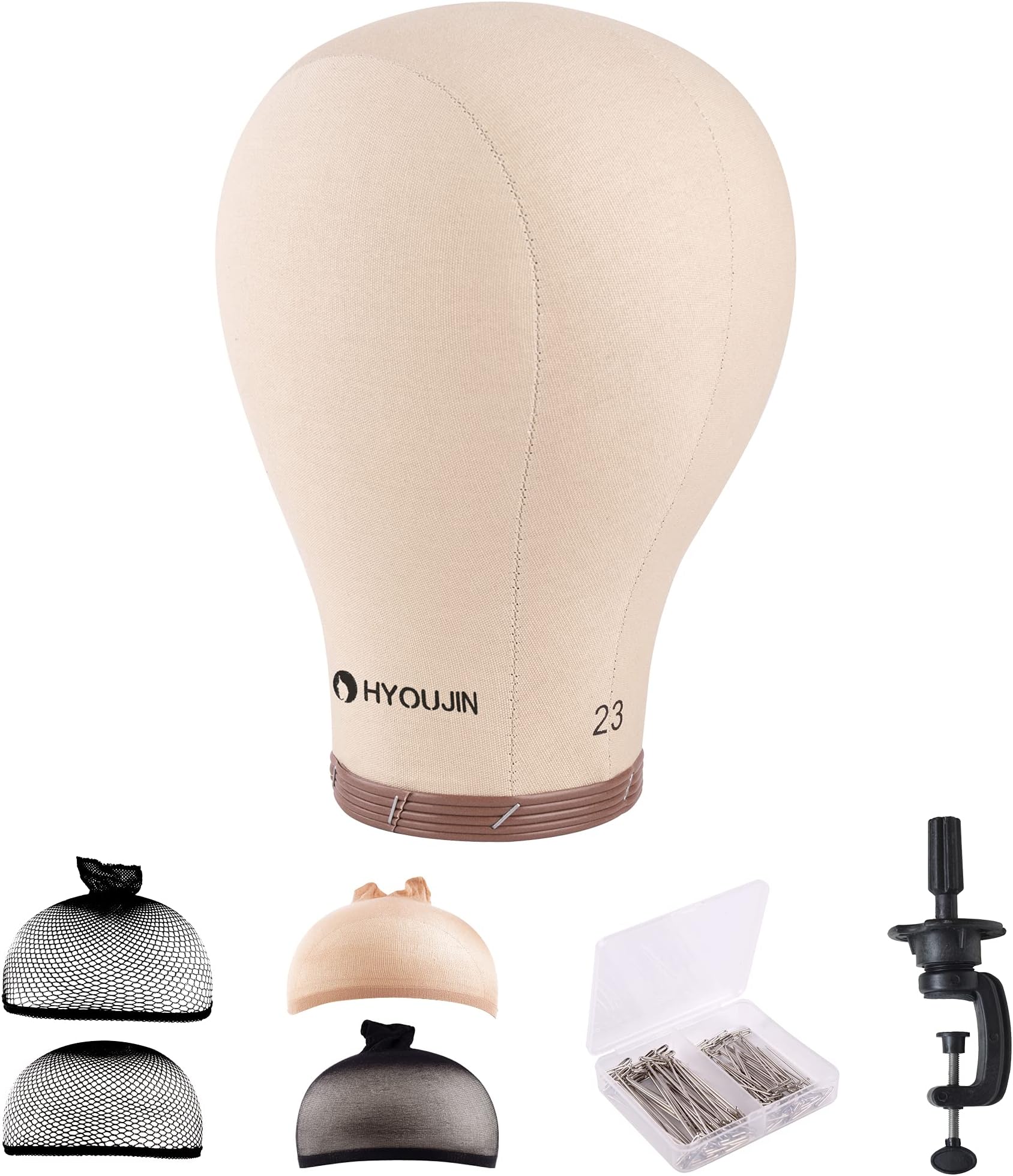 HYOUJIN 23" Canvas Wig Head Cork Block Head Mannequin Head with Mount Hole,come with Table Clamp for Display Styling Wigs Making Kit(Light Brown)