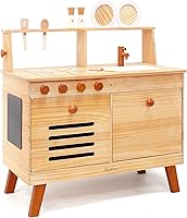 Vista 1 de PairPear Wooden Play Kitchen Set, Solid Pine Wood 2 in 1 Kids Kitchen & Market Shelf with Chalkboard, Natural Finish, 7 Piece Pretend Play Kitchen