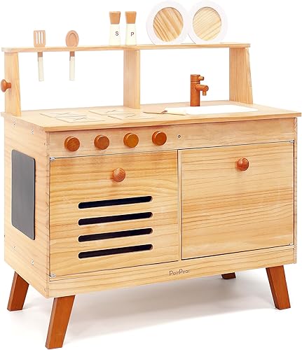 PairPear Juego de cocina de madera, madera de pino maciza 2 en 1, estante de cocina y mercado para niños con pizarra, acabado natural, juego de