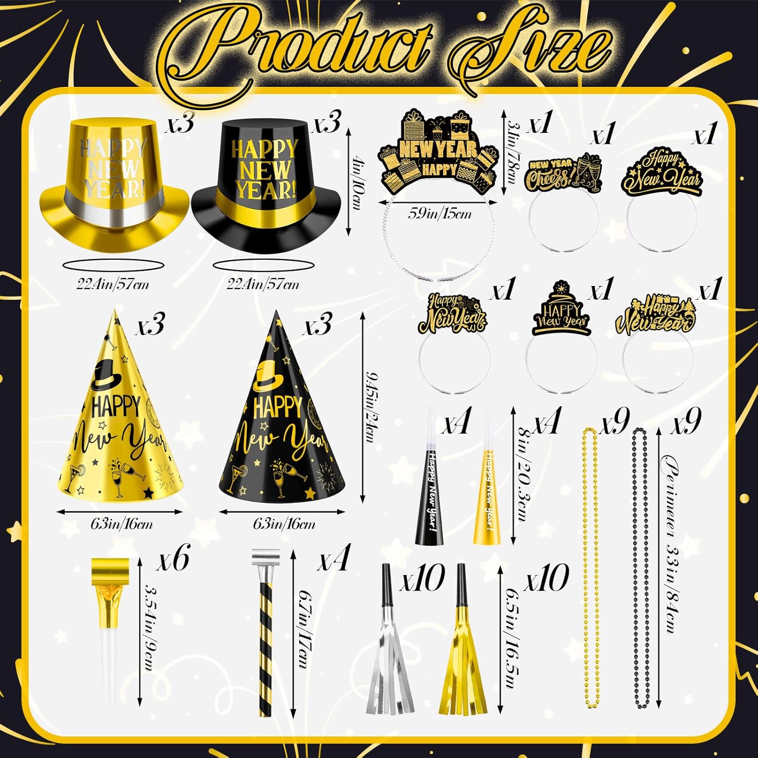 69 Pcs New Year's Eve Party Supplies Parper Top Hat Headband Cone Hats Party Blowers Fringed Noise Makers Bead Necklaces Set for Happy New Year and Christmas Decorations