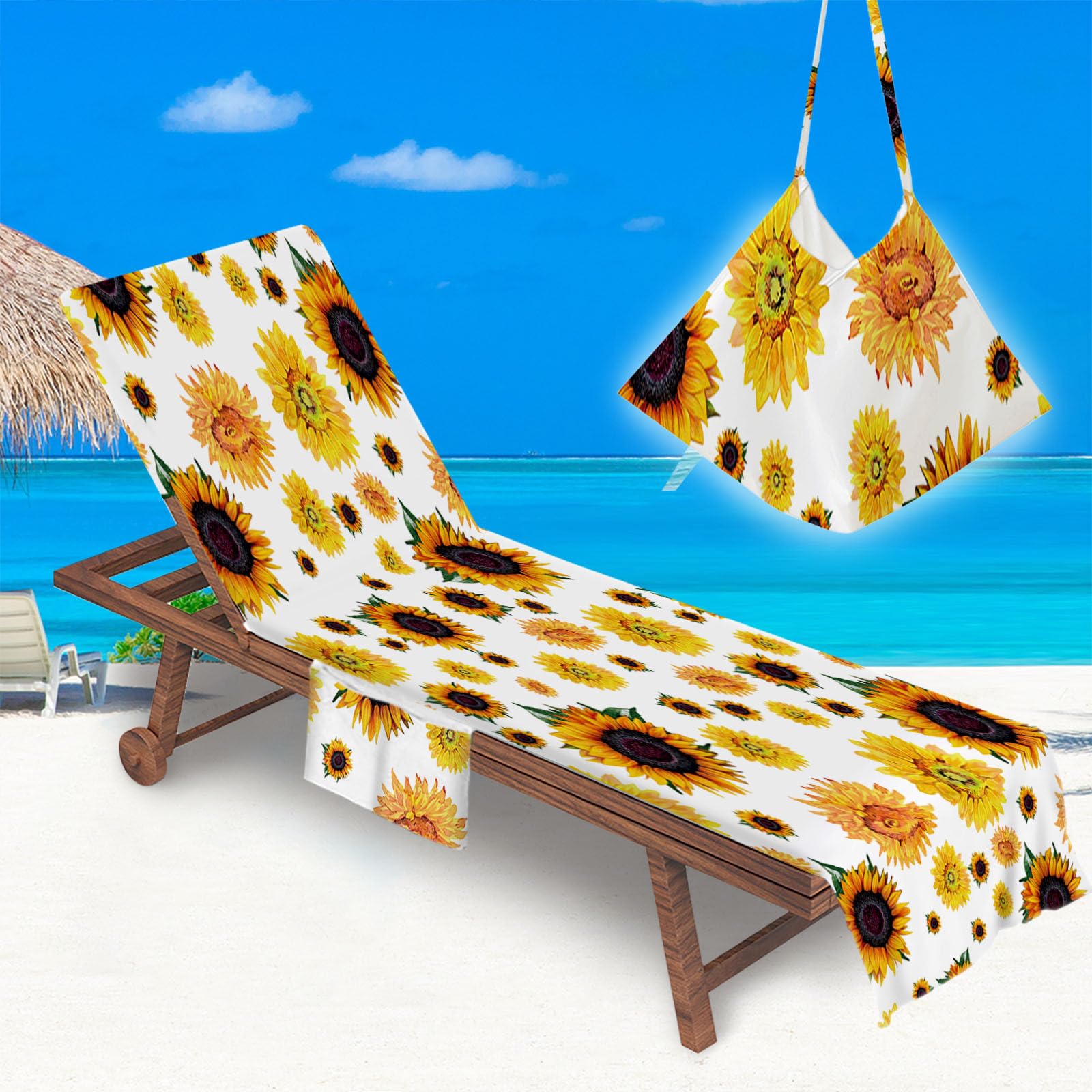 RRrawgff Sun Lounger Beach Towel with Pockets, Sunflower Pattern Beach Lounger Towel Beach Chair Cover Towel Fitted Microfiber Sunbed Towel Sun Lounger Towels for Summer Vacation (Helianthus)