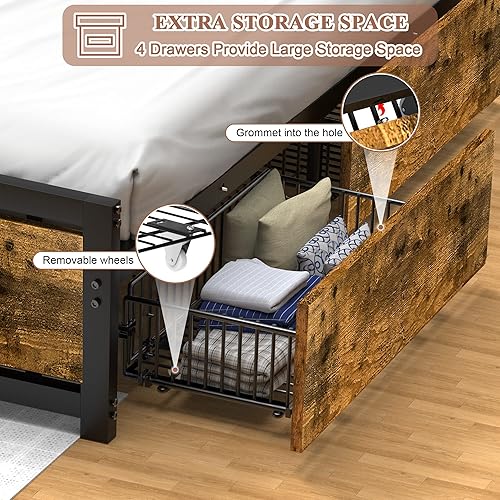 Miniatura 6 de Codesfir Base de cama matrimonial con 4 cajones de almacenamiento, base de cama de plataforma con cabecera y estribo, marcos de soporte de metal