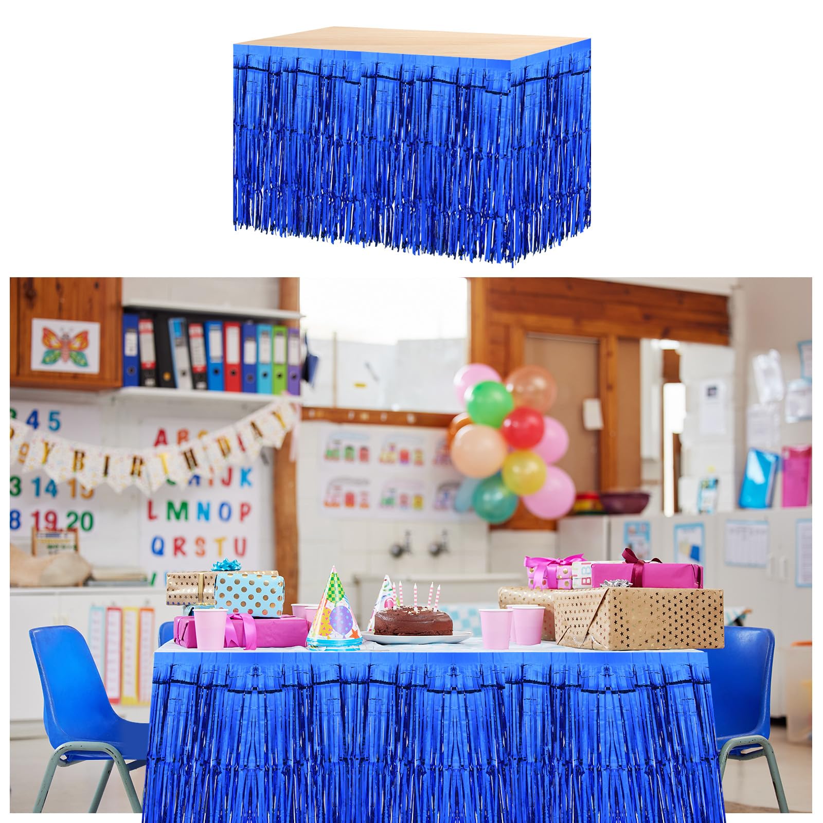Allgala 2-Pack 29x108 Inch Metallic Foil Fringe Tinsel Table Skirts For Party Event Decoraton Silver Bd52804
