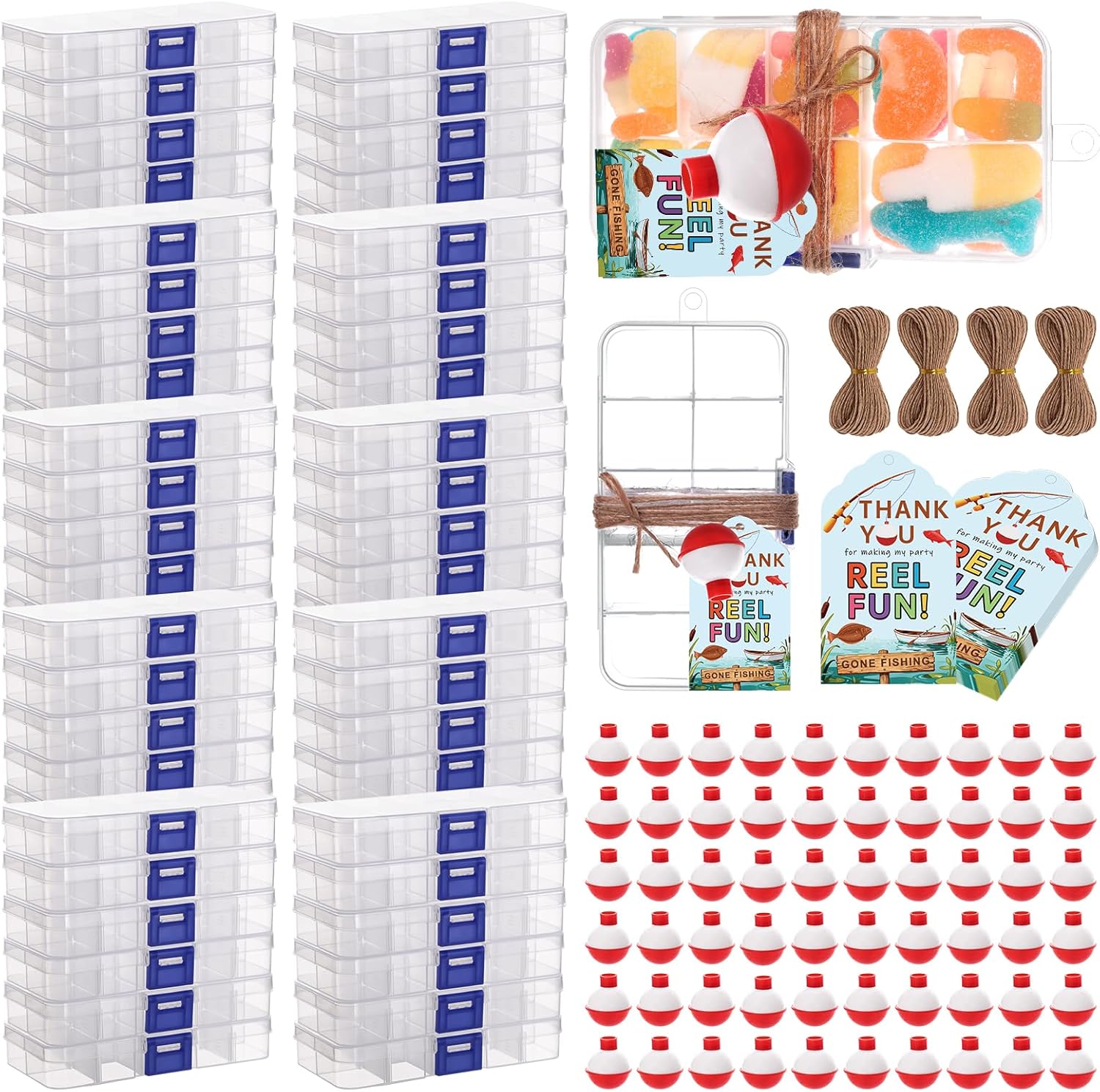 60 Pieces Fishing Party Favors Little Candy Tackle Boxes with Red White Floater Thank You Cards for Making Fishing Themed Birthday Party Decorations (60 PCS)