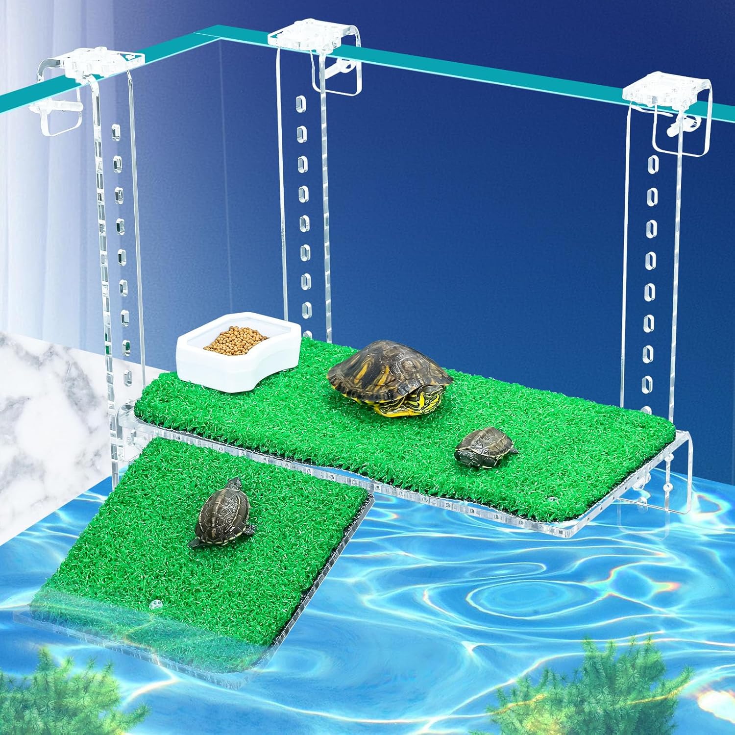 Turtle Basking Platform with Artificial Grass & Adjustable Ramp Non-Slip Large Dock for Aquatic Turtles Fits 0.31"-2.11" Thick Tanks Durable Acrylic Turtle Tank Accessories 15 Inch