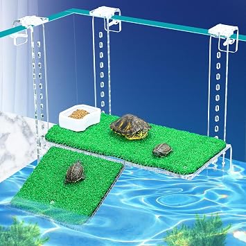 Turtle Basking Platform with Artificial Grass & Adjustable Ramp Non-Slip Large Dock for Aquatic Turtles Fits 0.31"-2.11" Thick Tanks Durable Acrylic Turtle Tank Accessories 11 Inch