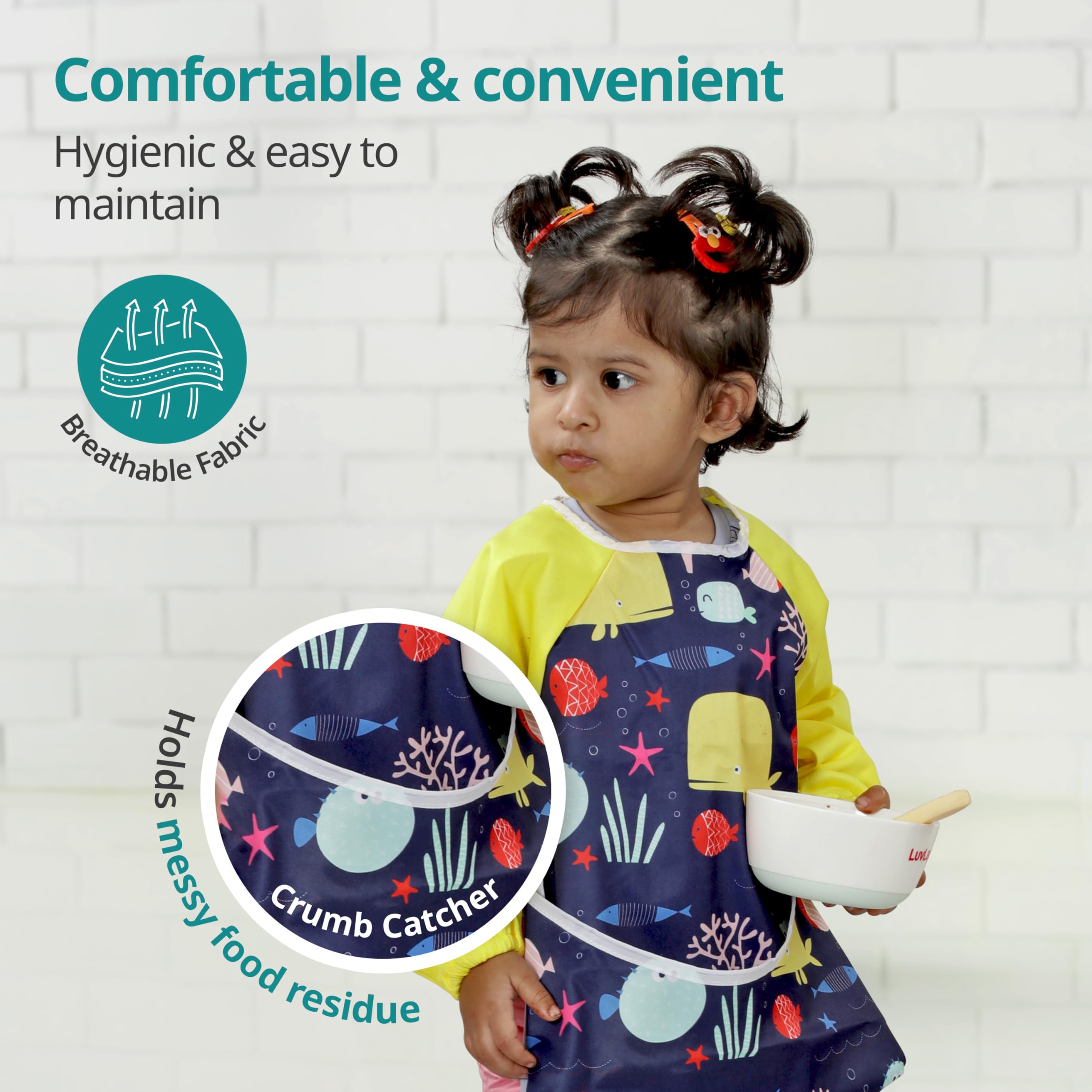 LuvLap Baby Long Sleeve Bib, Toddler Children's Leak-Free Bib with Sleeves, Washable/Lightweight/Wipeable (6-24 Months) Baby Bib Shirt with Pocket, Yellow - Image 4 thumbnail