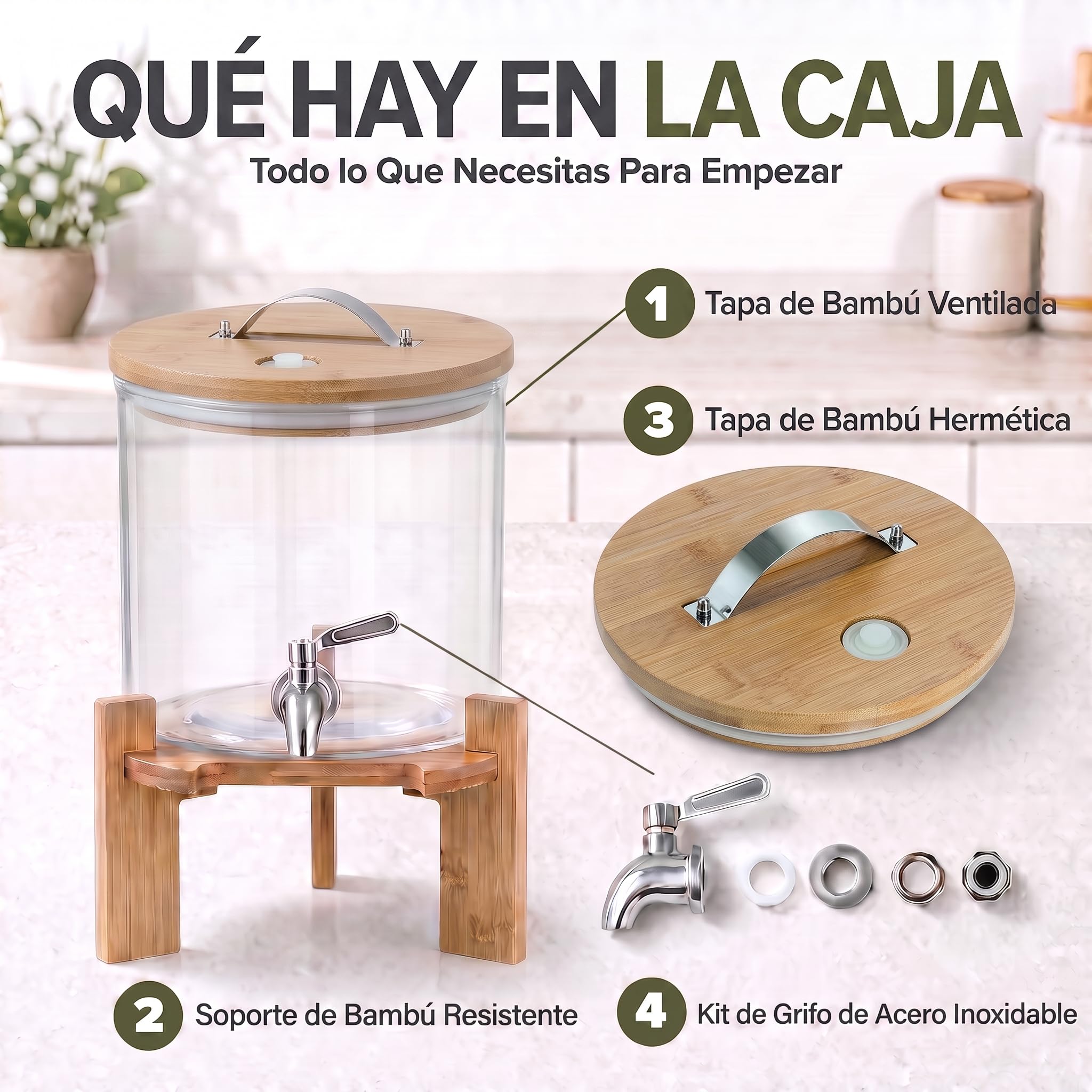 Dispensador de bebidas con grifo antigoteo de acero inoxidable Dispensador de agua de vidrio con soporte y tapa de bambú Dispensador de limonada de vidrio borosilicato resistente al calor (5 litros)