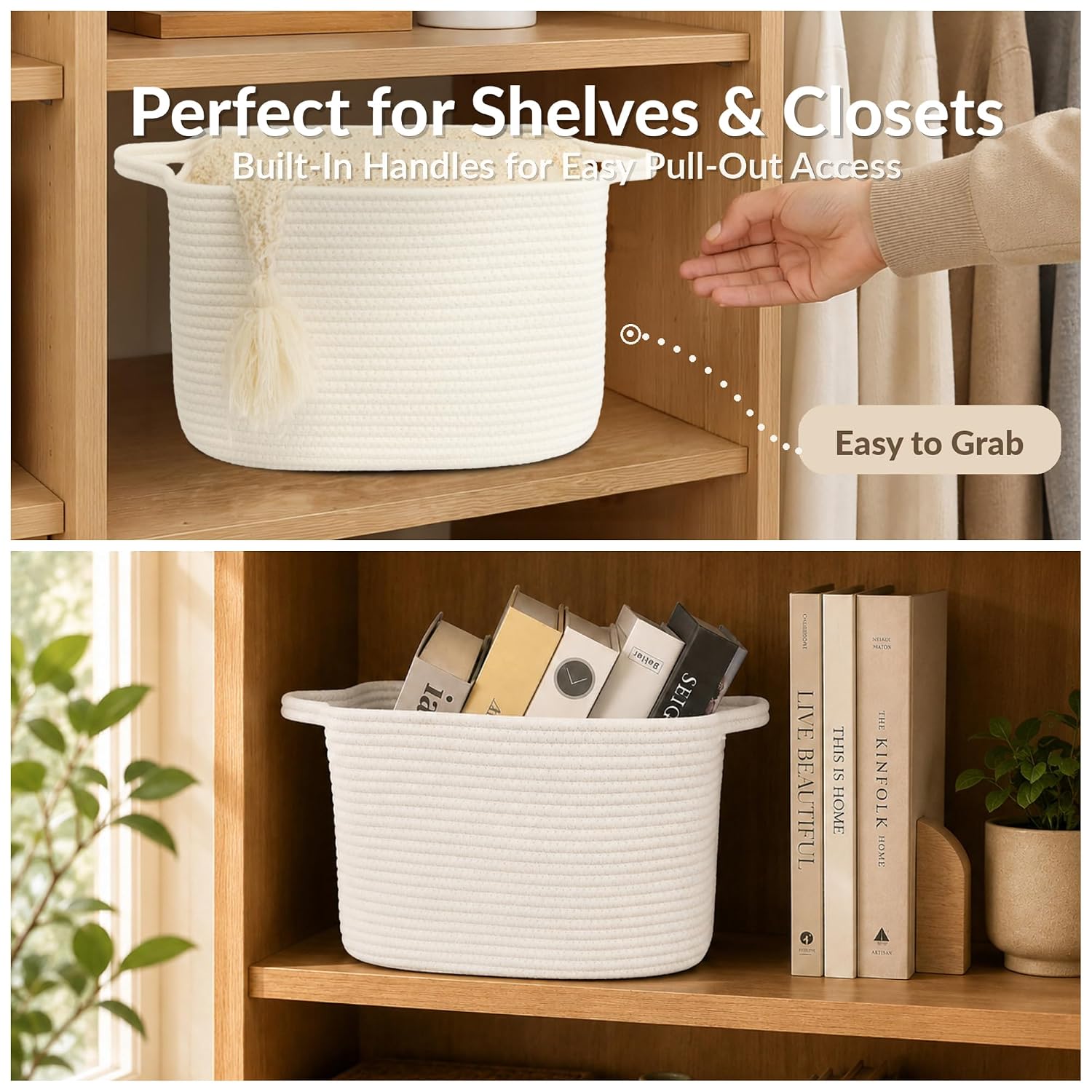 XUANGUO Woven Cotton Rope Storage Basket with Handles 13x10x9 inch White image 3