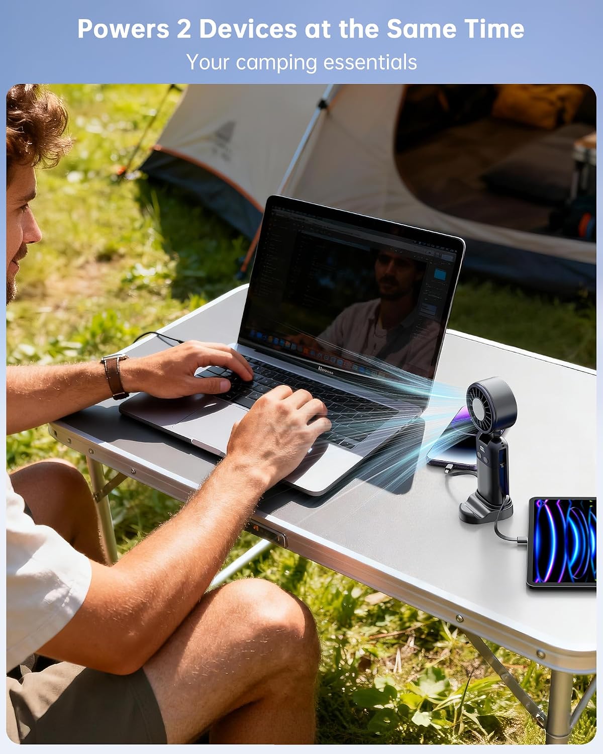Portable Handheld Personal Fan with USB-C & iOS Cables 5V/2.4A Fast Charging for Cellphone/Tablet, 20H Cooling Time, Foldable Design with Phone Stand for Camping Travel Outdoor (2, Black+Black) image 3