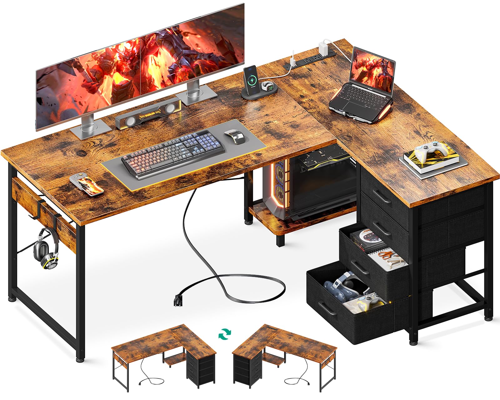 Amazon.com: Casaottima L Shaped Desk with 4 Tier Drawers, 53