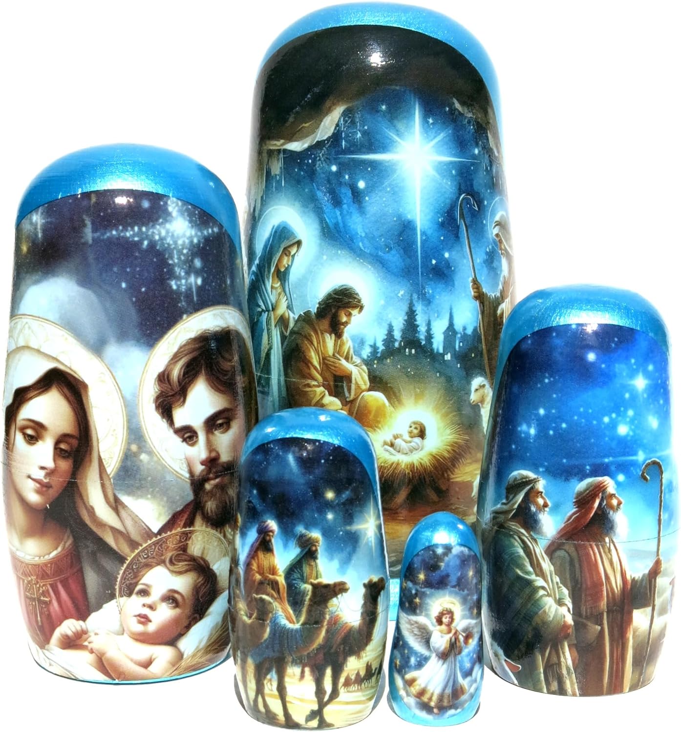 New Authentic Handmade, Hand-Painted Nativity 5 Piece Russian Nesting Doll with Original and Authentic Images and Colors - 5.75 Inches Tall with Glossy Metallic Blue Gift Box