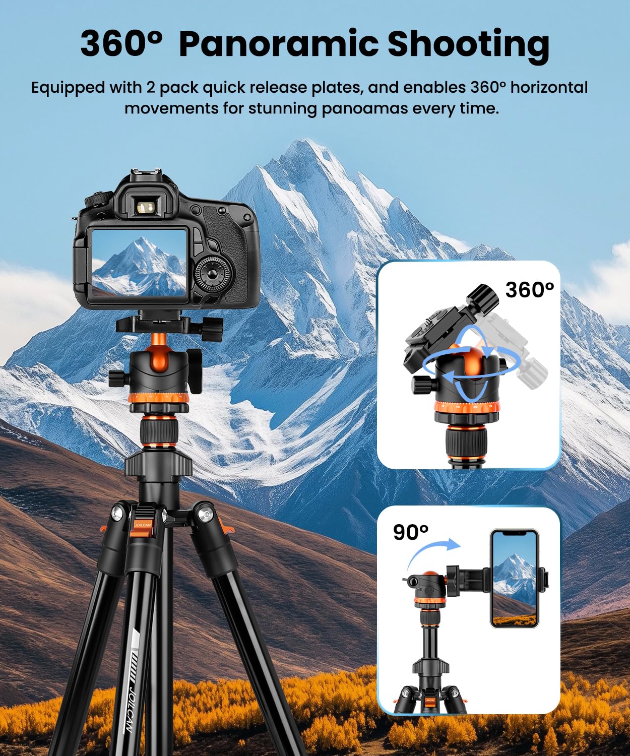 JOILCAN Treppiede Fotocamera di Alluminio, Treppiede da Viaggio Compatto 168cm per Canon Nikon Sony Videocamera DSLR, Treppiedi Smartphone per iPhone, Testa Sferica 360°, Carico Max 8KG