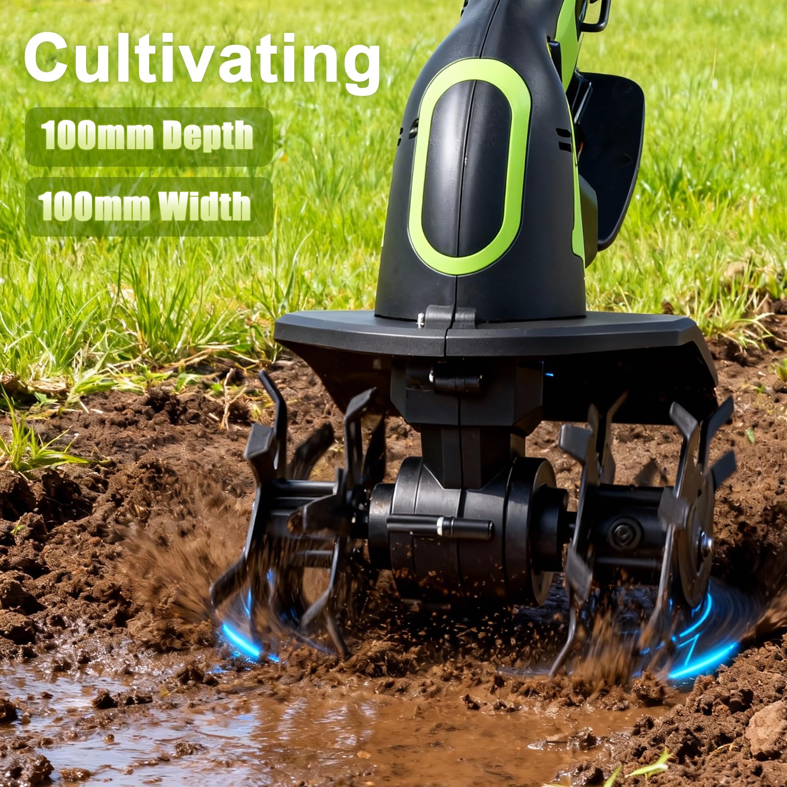 Motobineuse sans Fil, 21V Motobineuse Electrique Motoculteur avec 2 Batteries 1500mAh et Manche de 1,3m Bineuse Électrique Largeur de Travail de 10cm Profondeur de Travail de 10cm