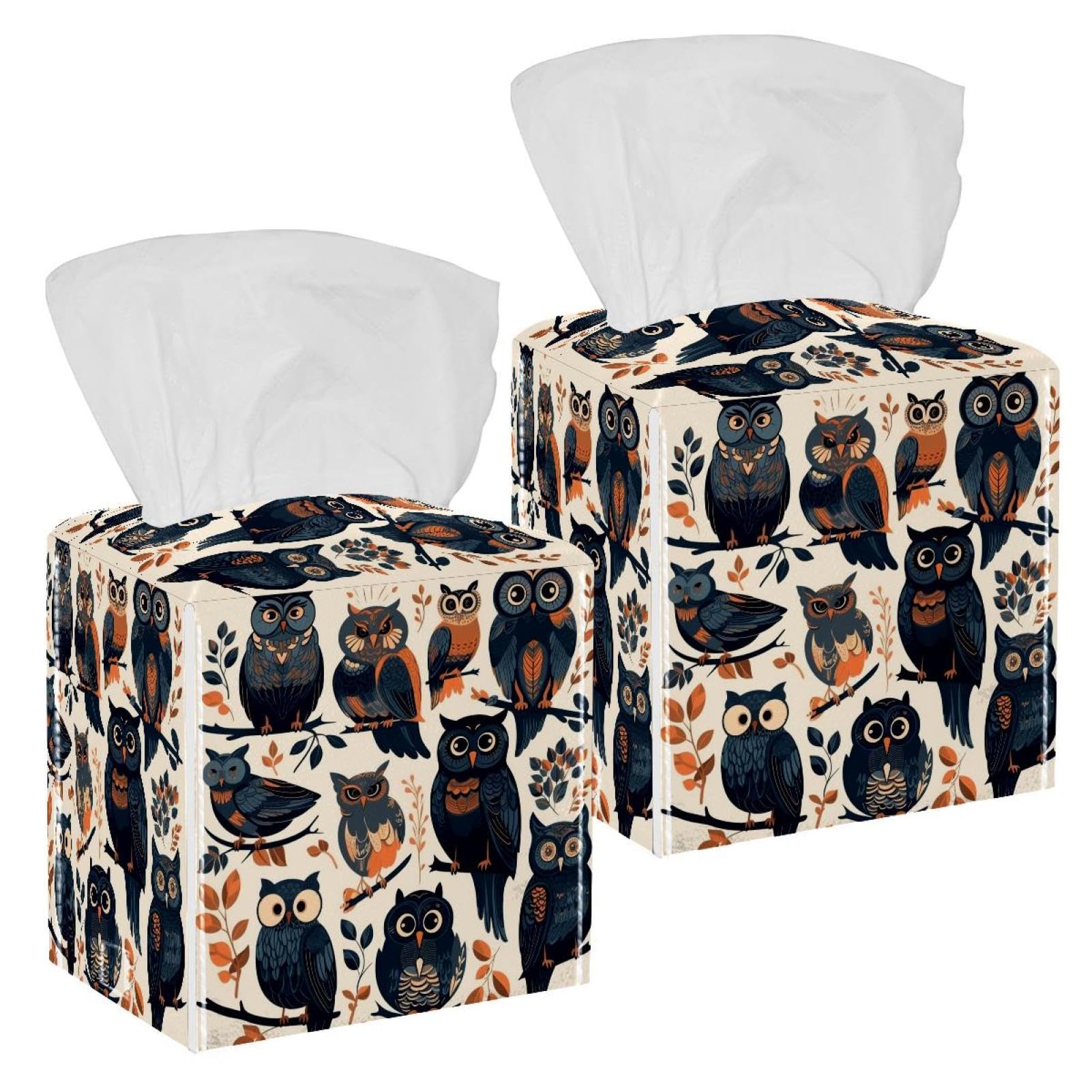 Cute Owls Tissue Box Cover, 2 Pack PU Leather Square Facial Tissue Dispenser Box holder for Home Office Car
