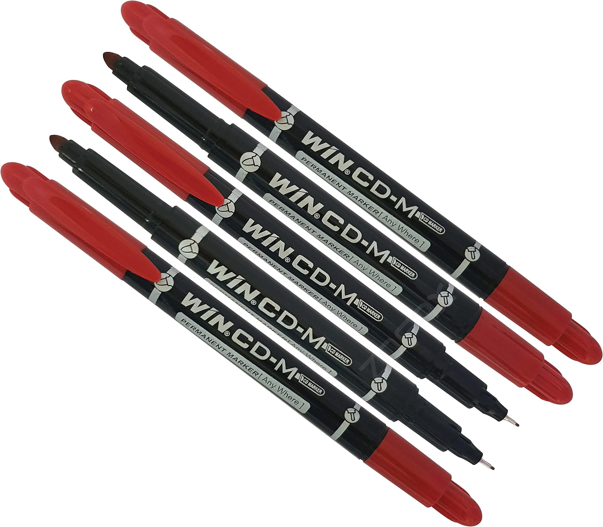 PERMANENT MARKER PENS, CD-M Dual Tip, RED, Fine Medium Point, Pack of 5, CD-DVD-OHP Glass Plastic Waterproof Ink Markers, ZOFAX Black Ball Pen