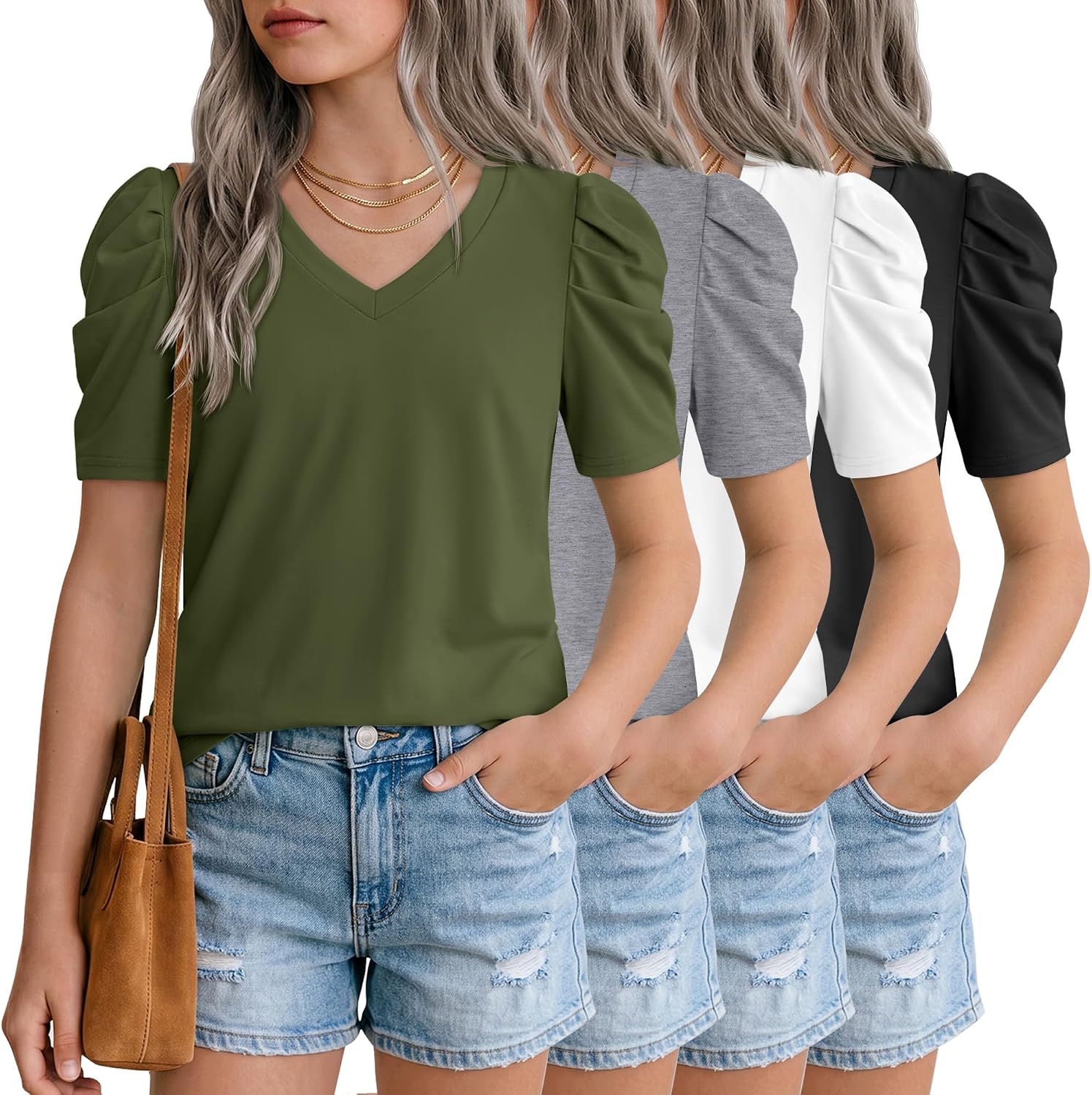 Oakgarden 4 Pack Girls Puff Short Sleeve Tops Kids Summer Cute T Shirts V Neck Casual Tees Casual Blouse Multipack 5-14 Years