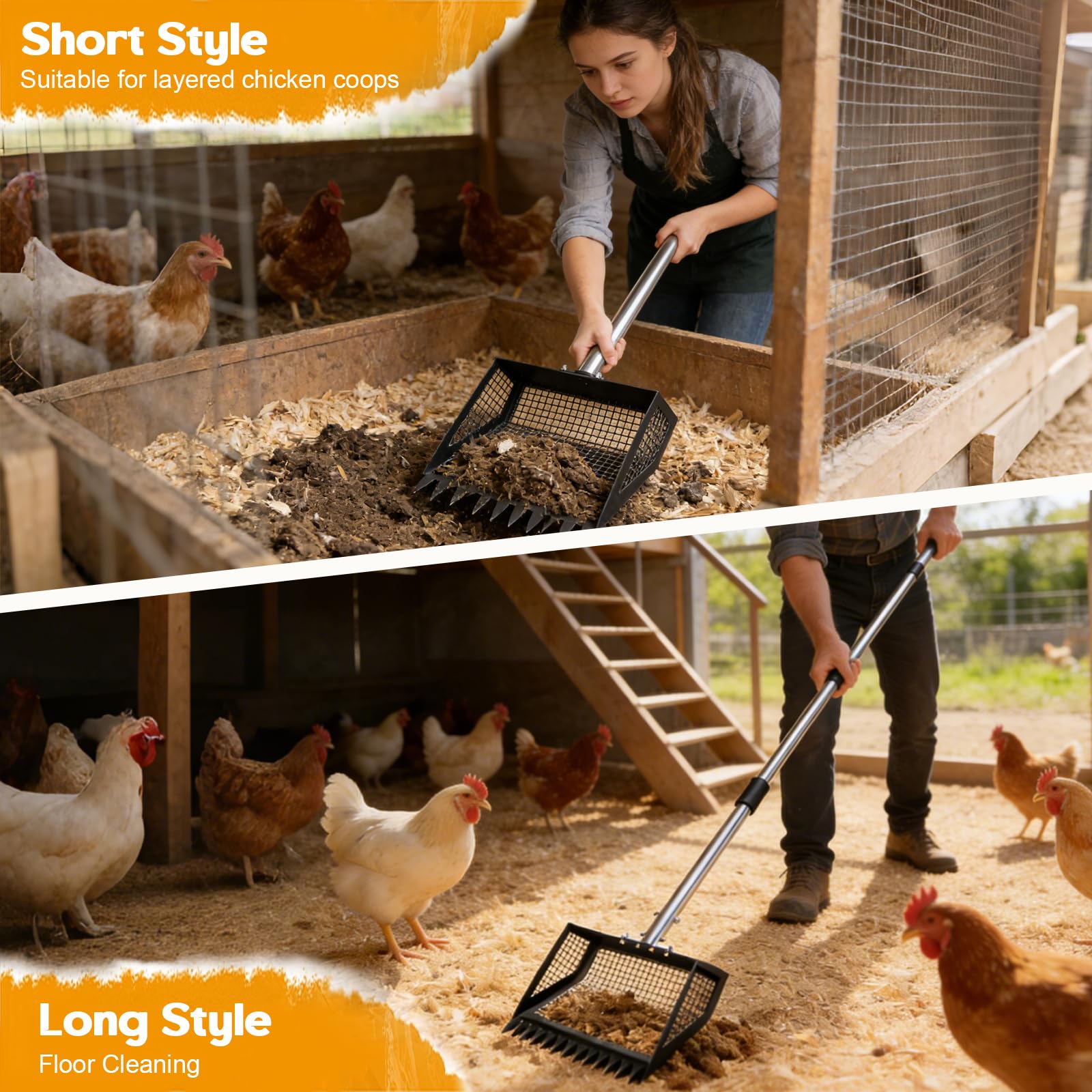 Pala per escrementi di pollo da 25,5 cm, con manico ergonomico, accessorio regolabile in acciaio inox per pollaio, pala multiuso estensibile per proprietari di pollame e gatti, regolabile 102-182 cm