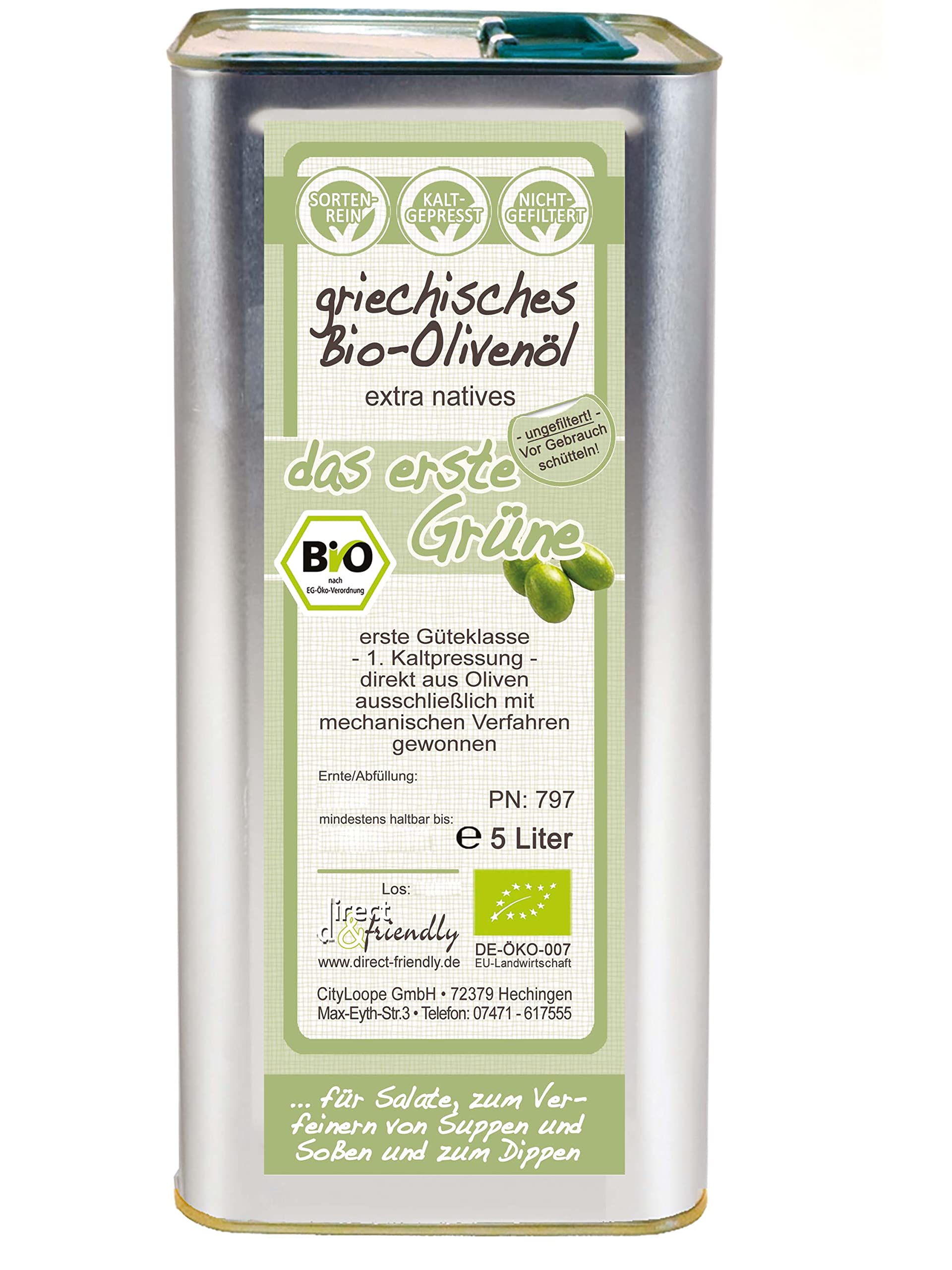 Direct & Friendly | Das Erste Grüne Bio Olivenöl extra | Naturtrüb | Griechenland EU Organic 5 Liter Kanister