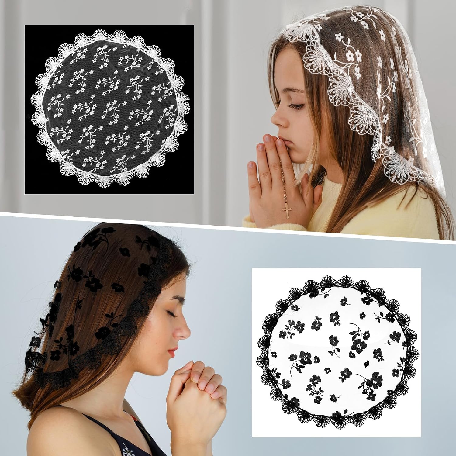Lace Head Coverings for Women, 2 Pcs Lace Head Scarf Round Floral Lac Veils for Church Catholic Mantilla Veil Headpiece for Bridal Wedding Party Costume Cosplay (Black, White)