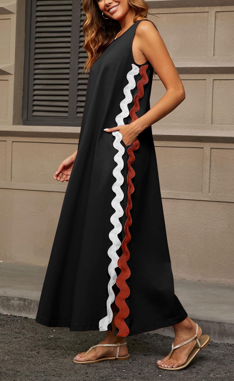 CHARTOU Women RIC Rac Open Back Beach Boho Long Summer Sleeveless Tank Dress with Pockets - Image 5