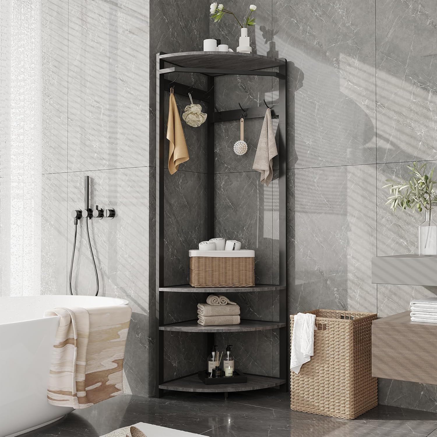 Garderobenständer Ecke, Eckgarderobe Metall mit 6 Doppelhaken/ Aufbewahrungsregal/ Schuhregal Offene Kleiderständer Flurregal Platzsparend Industrial Design für Flur Wohnzimmer Schlafzimmer Büro Grau