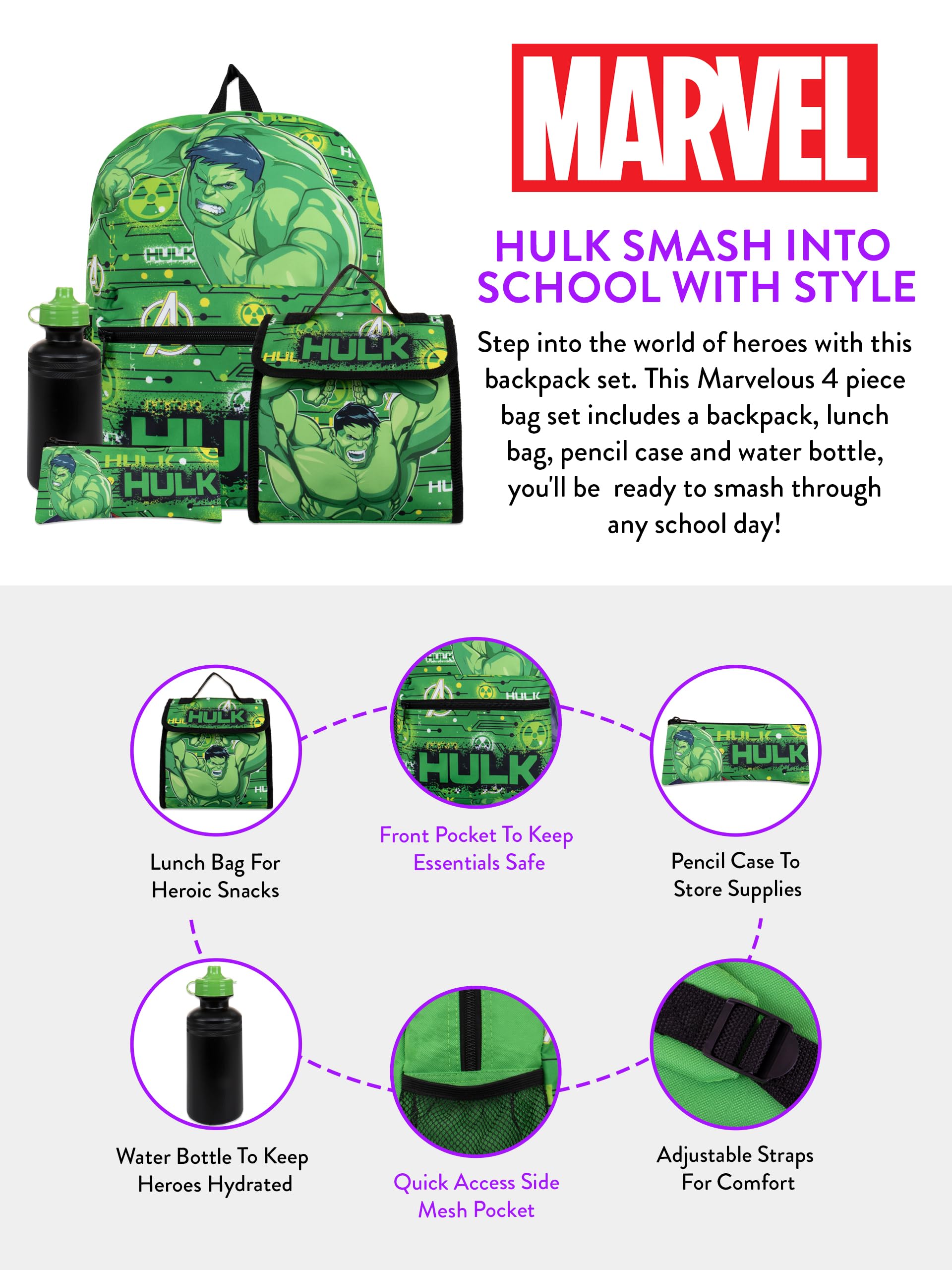Marvel Mochila Niño | Mochila De Hulk Y Bolsa De Almuerzo | Set Fiambrera Y Botella Infantil | One Set Verde