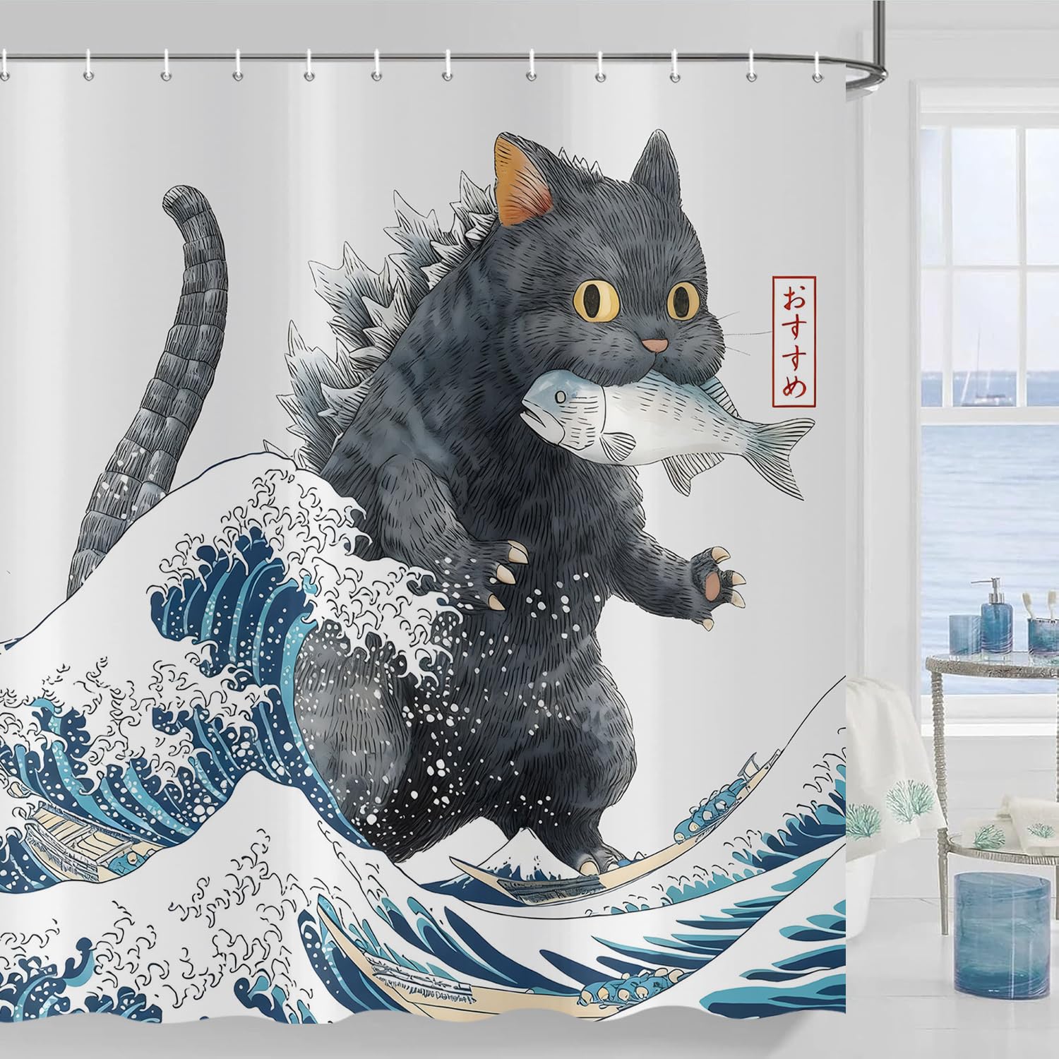 Rideau de douche japonais pour enfants et baignoire familiale motif chat noir rigolo et vague