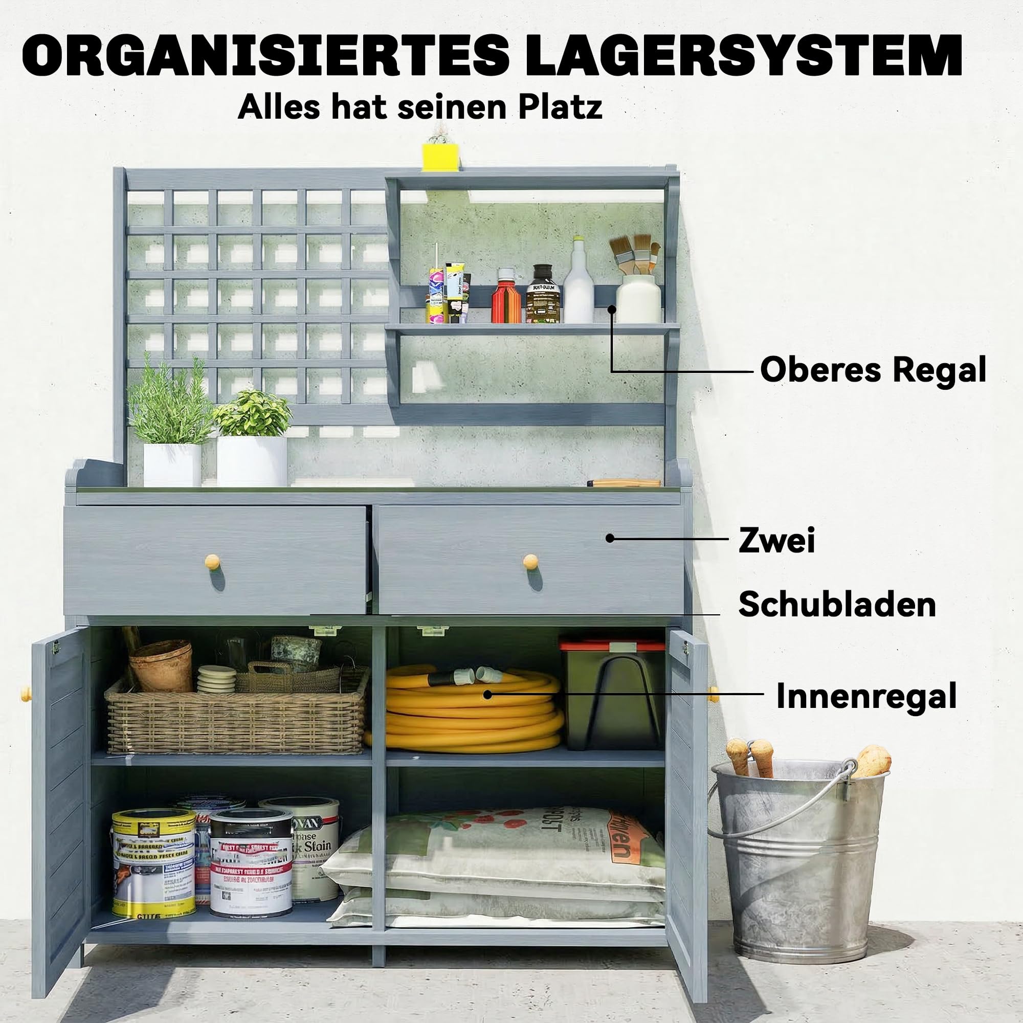 Outsunny Pflanztisch mit Unterschrank aus Holz Outdoor Gartenschrank mit verzinkter Arbeitsplatte 2 Schubladen wetterfest Gärtnertisch Geräteschrank für Garten Balkon Terrasse 104x44x140 cm Hellgrau