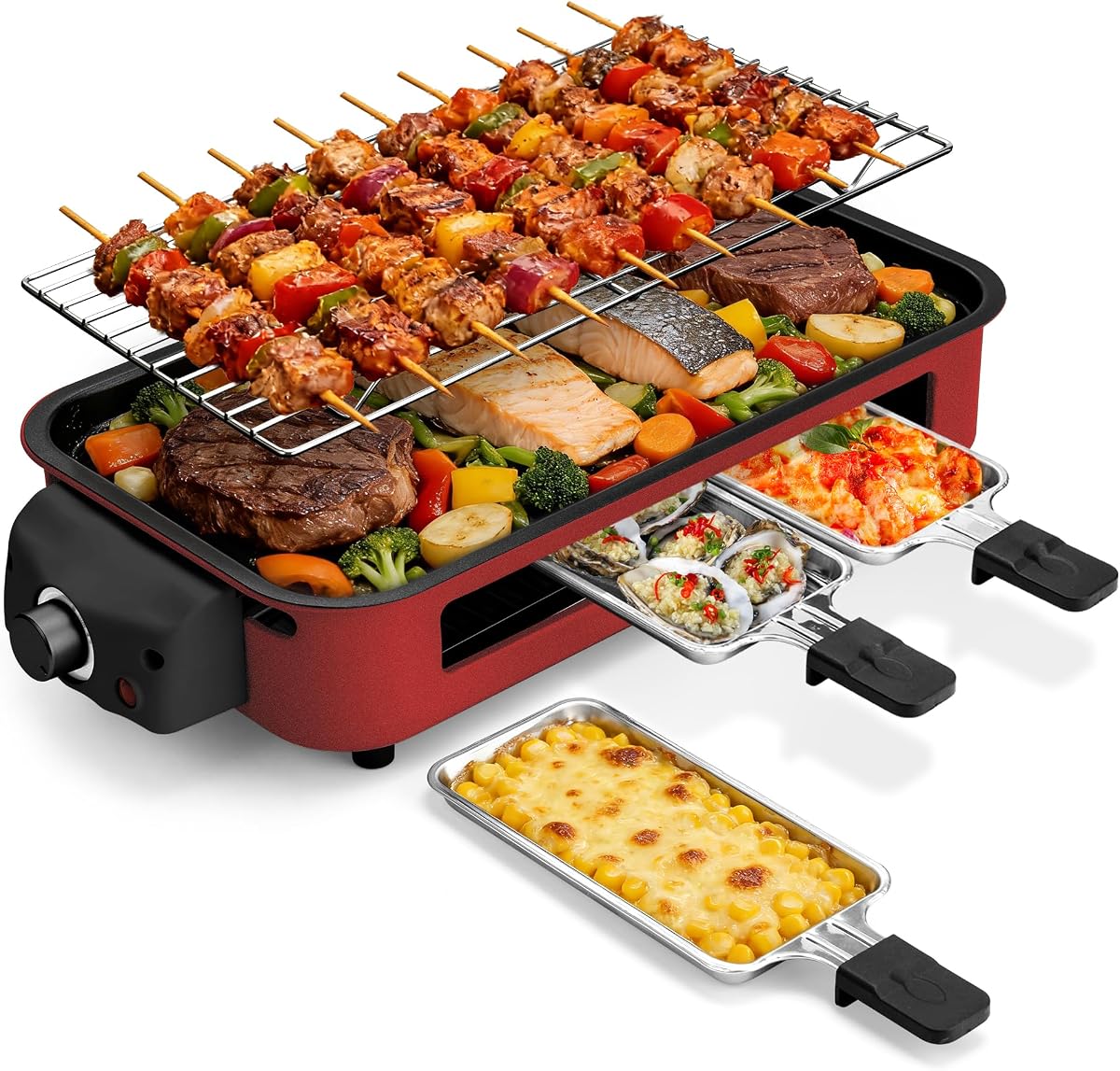 Electric Indoor Grill,2 in 1 Indoor Grills for Kitchen | Smokeless Grill Net & Non-Stick Cooking Removable Plate,Temperature Control,Dishwasher Safe,1700W RED