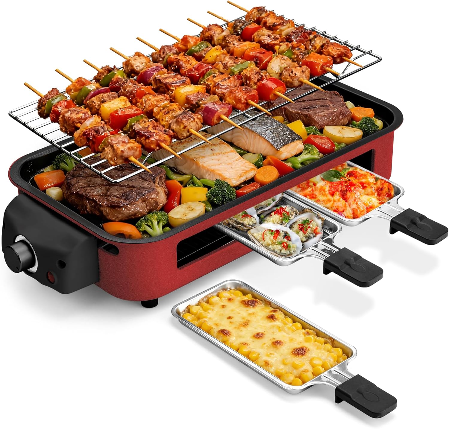 Pukomc Electric Indoor Grill,2 in 1 Indoor Grills for Kitchen with Grill Net & Non-Stick Cooking Removable Plate, Temperature Control, Dishwasher Safe, 1700W RED
