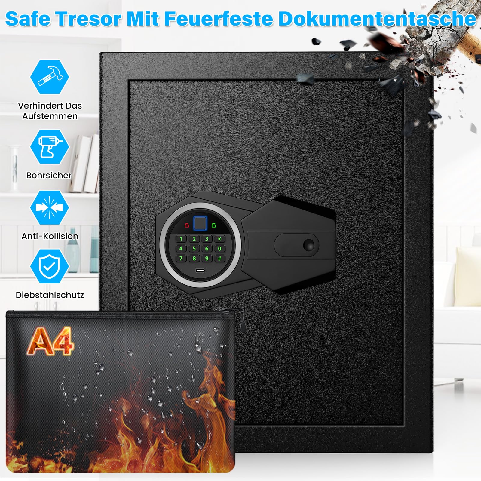 Mejasg 45L Cassaforte con impronta digitale con borsa ignifuga A4, cassaforte con impronta digitale per la casa con scaffale estraibile e sistema di allarme duale, cassaforte digitale per contanti