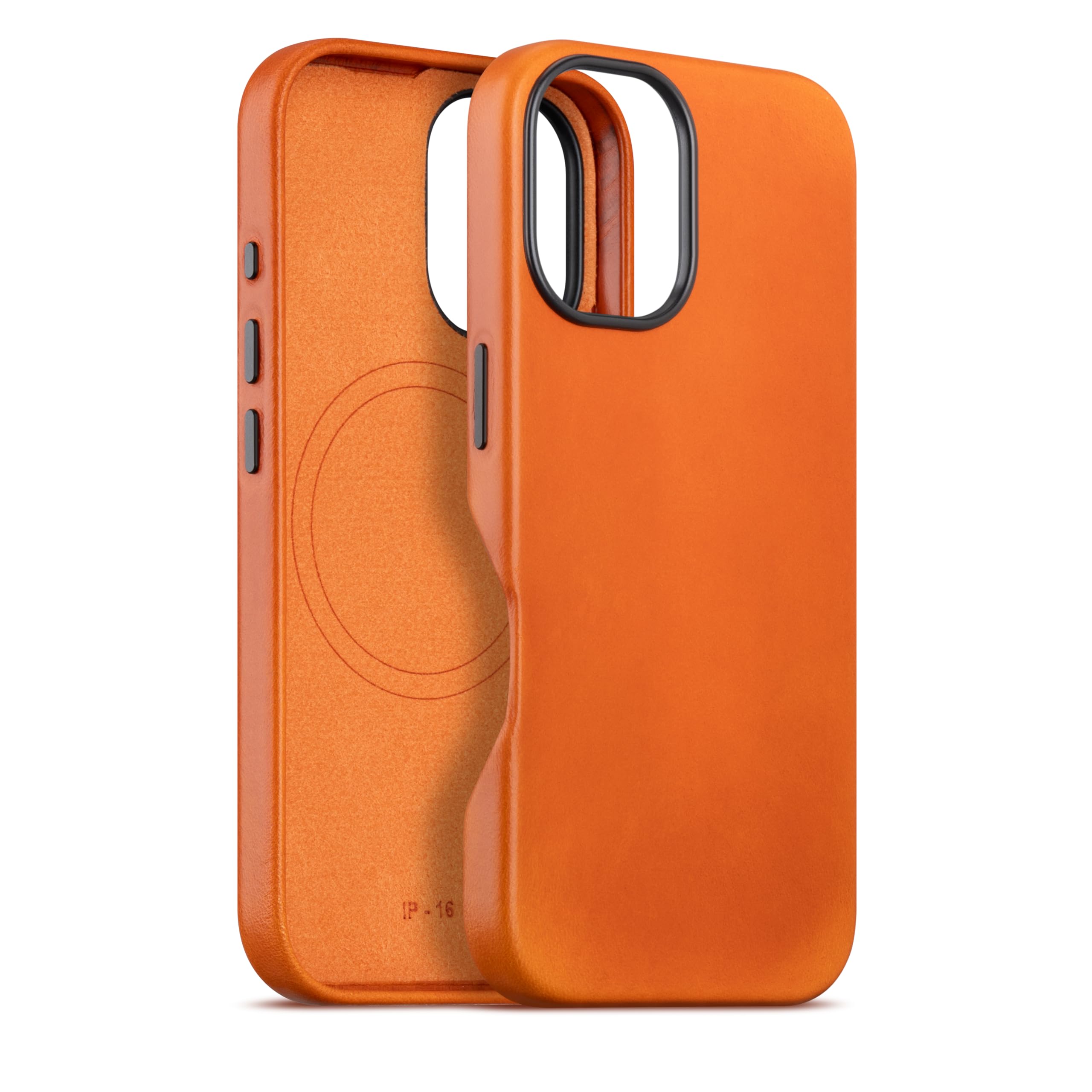 maogoam Funda de piel para iPhone 16 Plus de 6.7 pulgadas, compatible con MagSafe, cuero auténtico de grano superior curtido vegetal, botones de metal y marco de cámara, estilo elegante, naranja