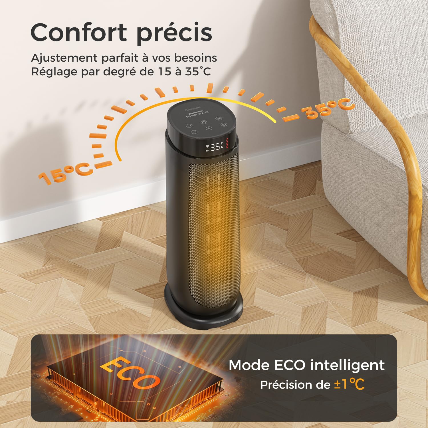 Aroeve Chauffage d'appoint, PTC 2000W Chauffage Electrique, 4 Modes dont Éco, Oscillation 90°, Minuterie 24H, Télécommande, Puissant et Silencieux avec, Protection contre Surchauffe et Chute pour la M