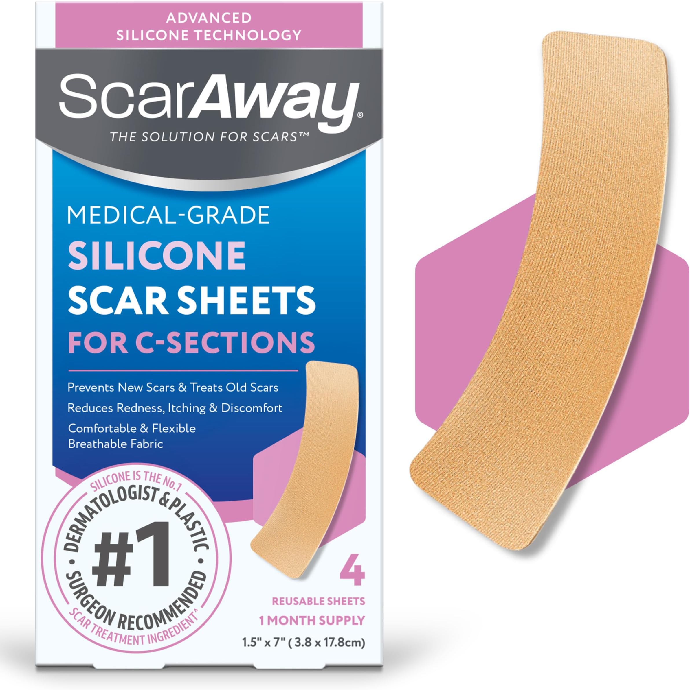 ScarAway Advanced Silicone Scar Sheets for C-Section, Reusable Strips (1.5” x 7”) for Hypertrophic and Keloid Scars from C-Section & Other Surgeries, 4 Sheets