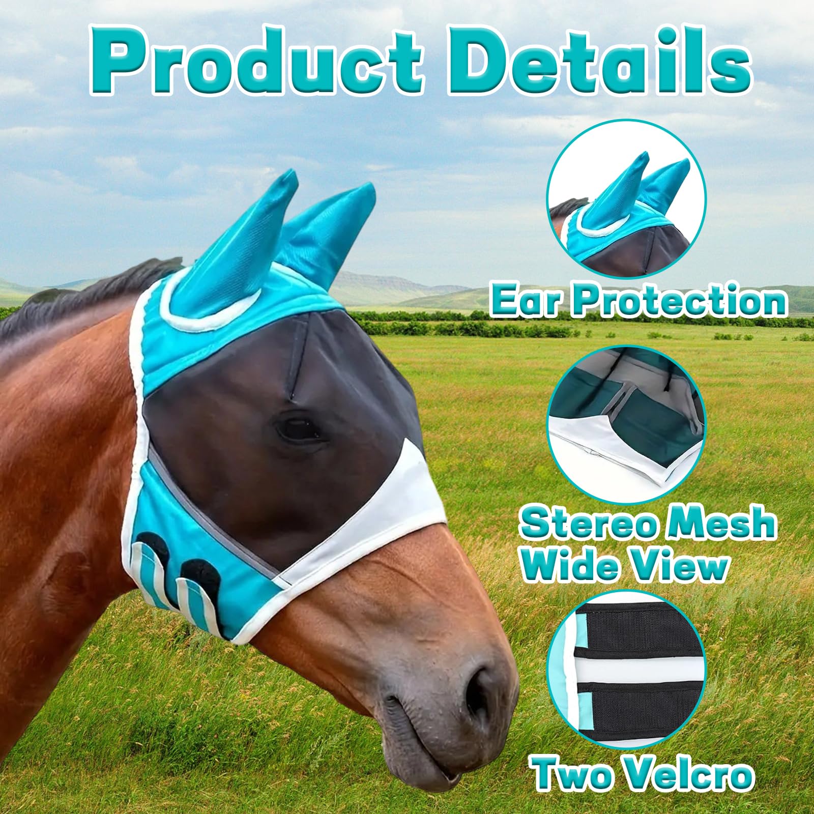 Horse Fly Mask, Adjustable Fly Masks for Horses Elasticity Omfortable Big Eye Distance Mosquito Proof (L) - Image 3
