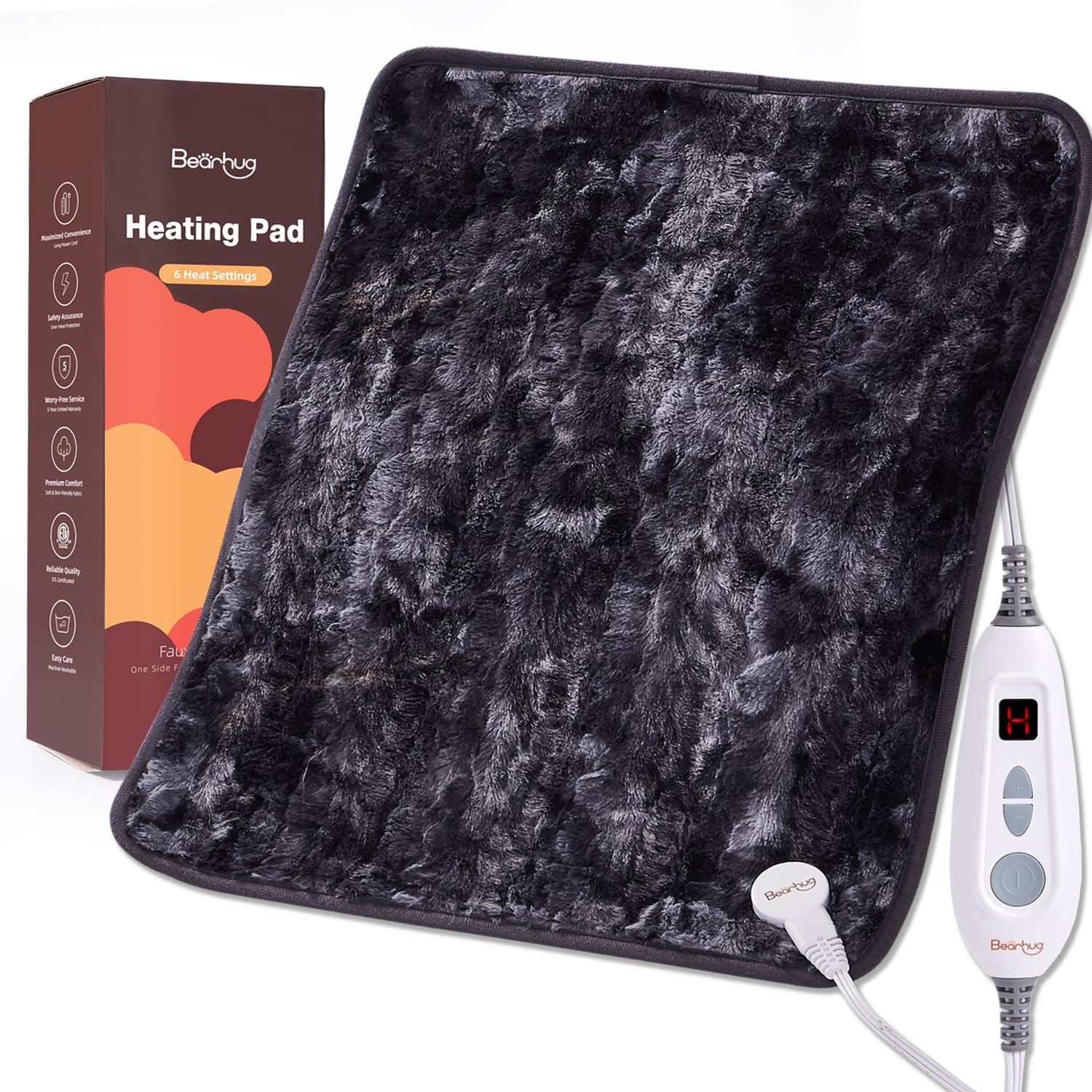 Almohadilla térmica eléctrica Bearhug XL de 20 x 24 pulgadas, de piel sintética de doble cara, 6 niveles de calor, apagado automático de 2 horas, terapia de calor húmedo y seco para aliviar el dolor de espalda, lavable a máquina, con certificación ETL, caja de regalo.