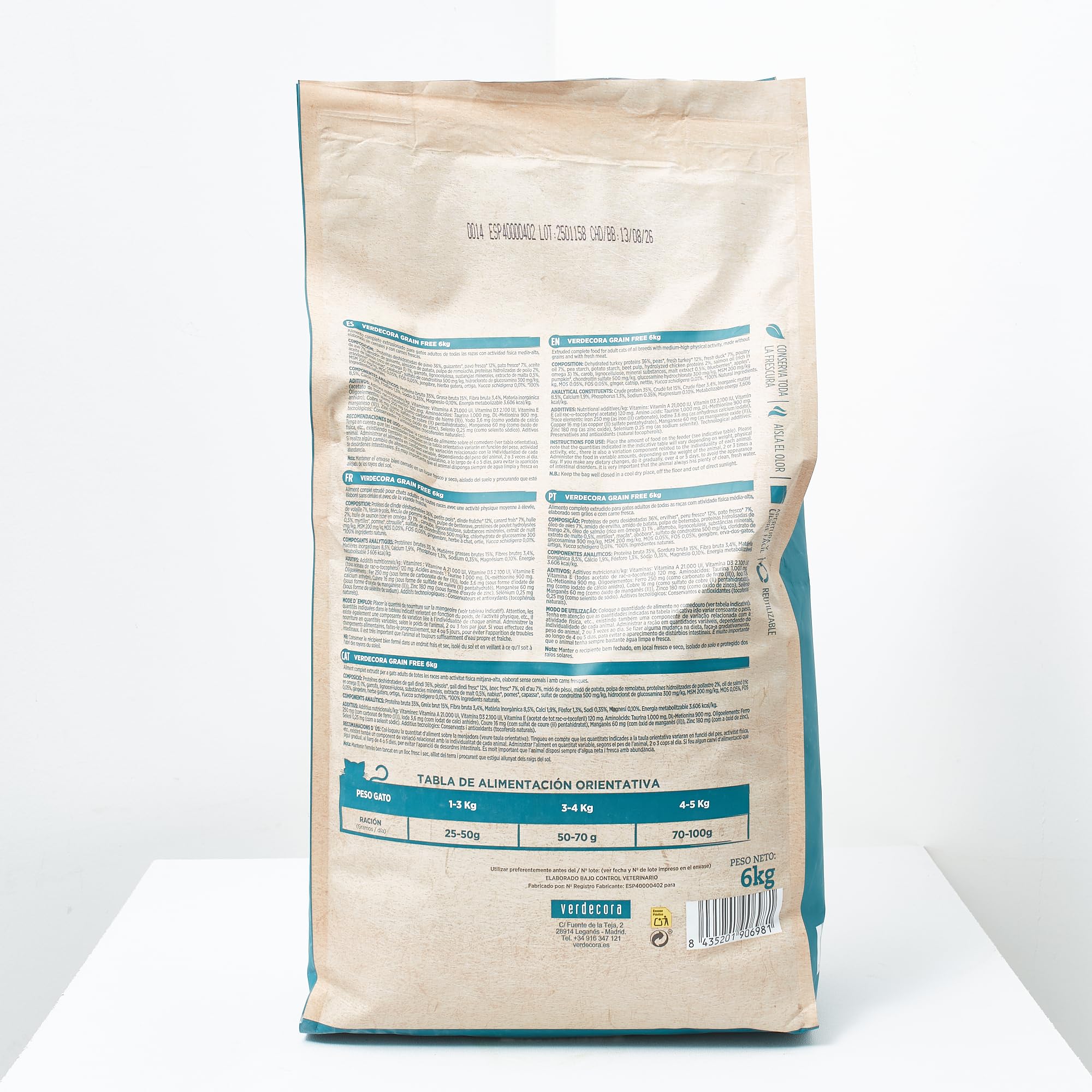 Verdecora Alimento Completo para Gatos Adultos con Pato y Pavo | Sin Cereales | Pienso para Todas Las Razas | 6kg
